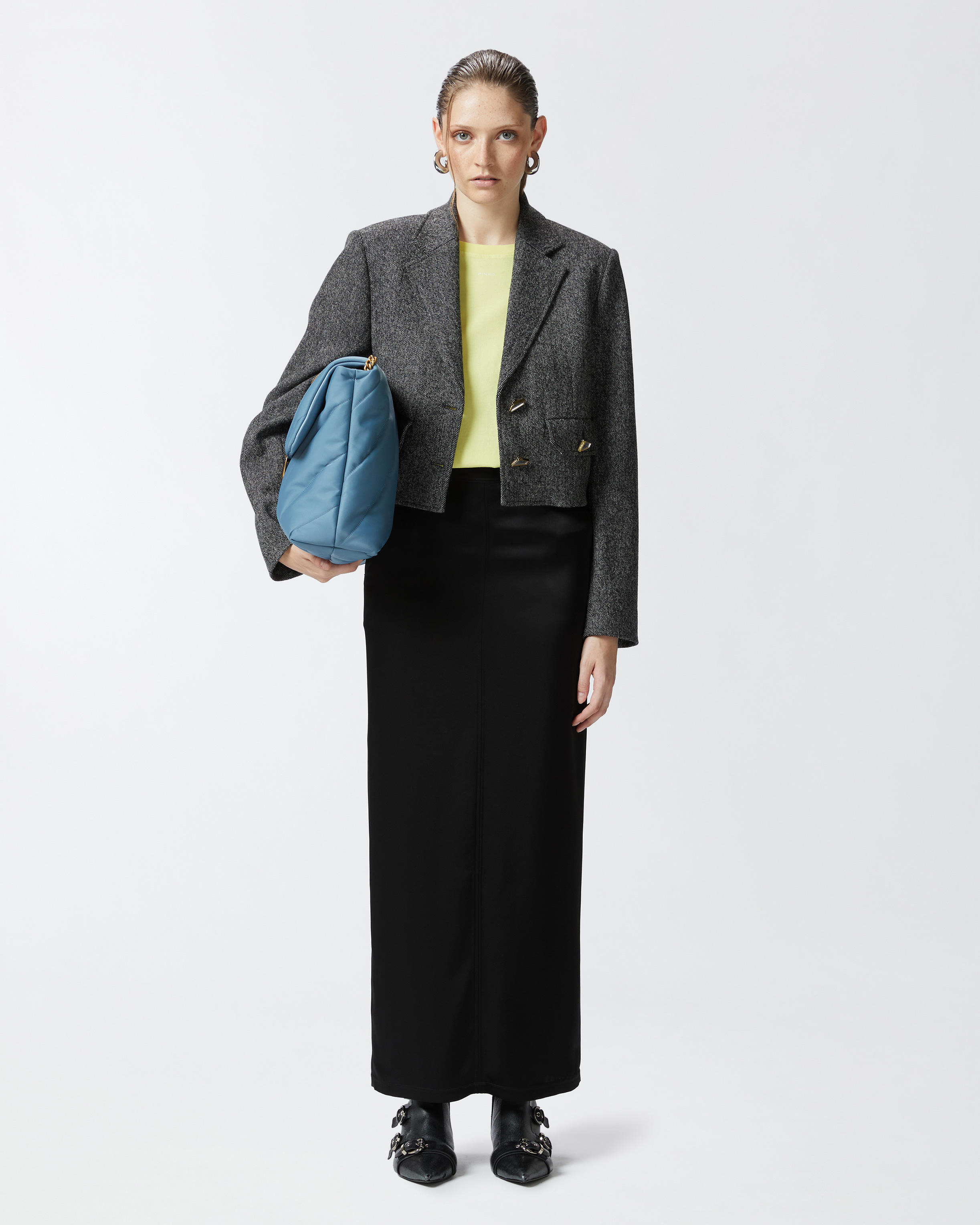 Pinko Long Satin Skirt With Rear Slit In Noir Limousine