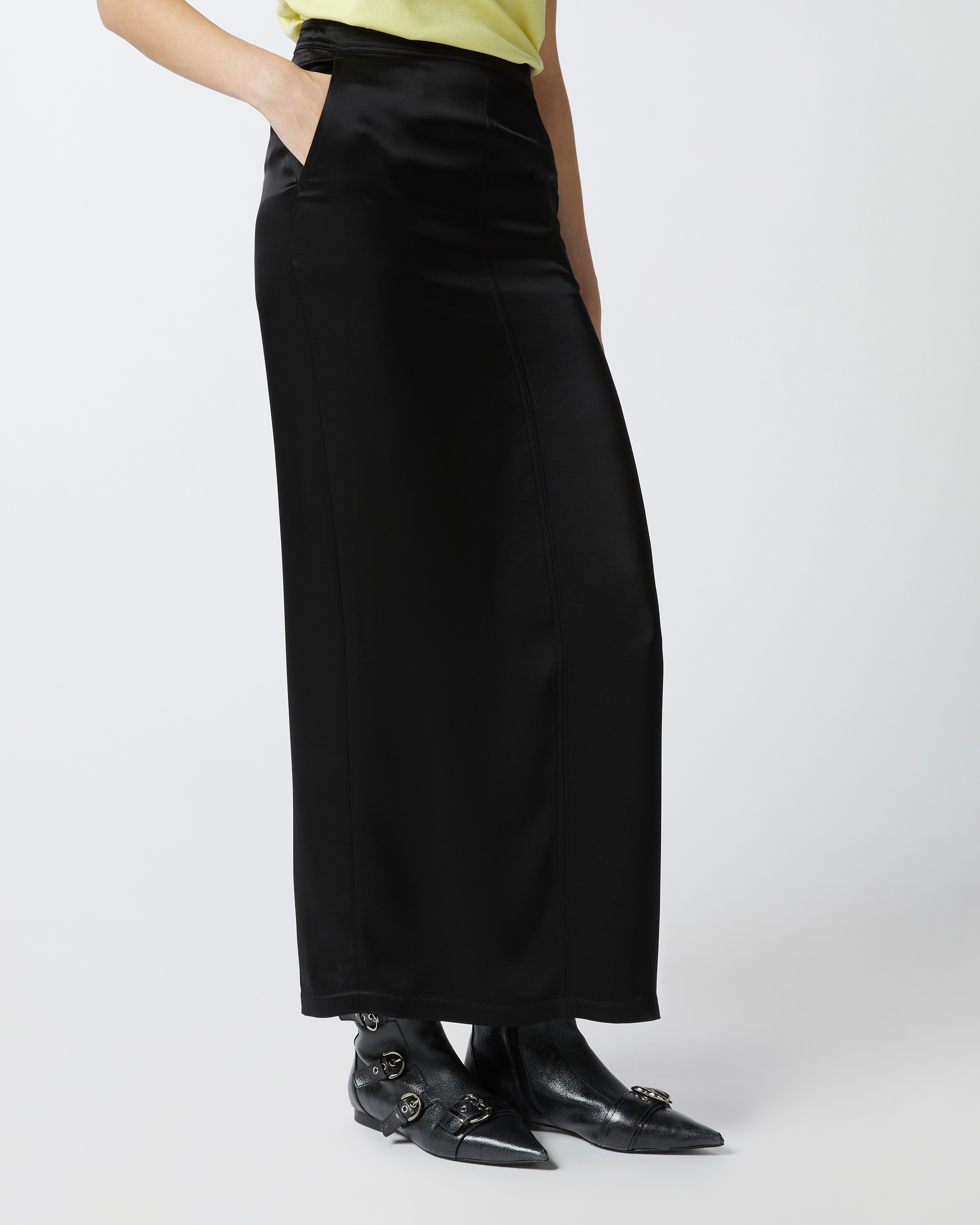 Pinko Long Satin Skirt With Rear Slit In Noir Limousine