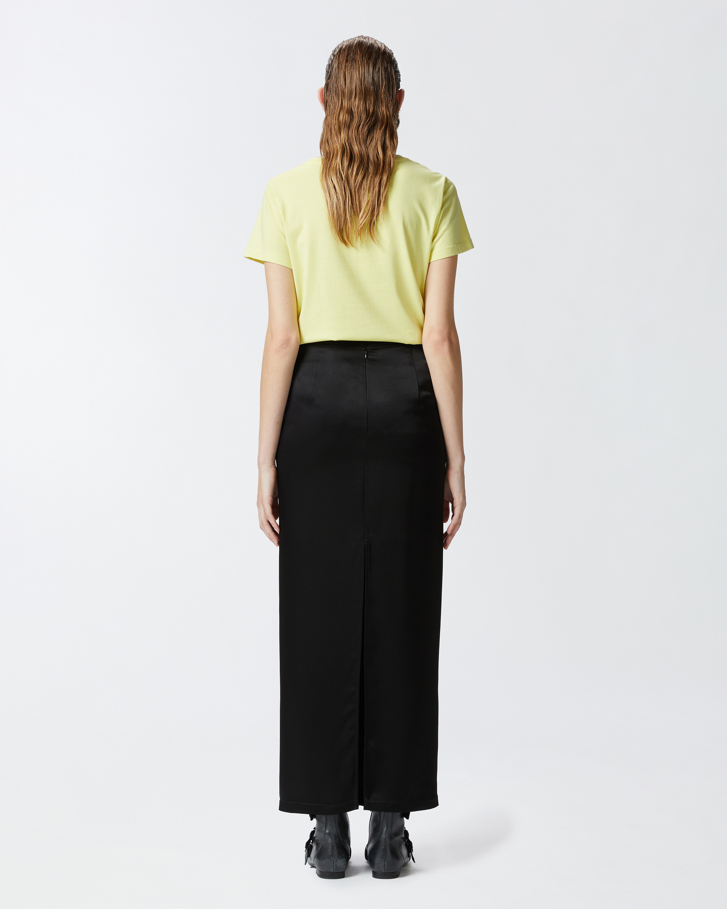 Pinko Long Satin Skirt With Rear Slit In Noir Limousine