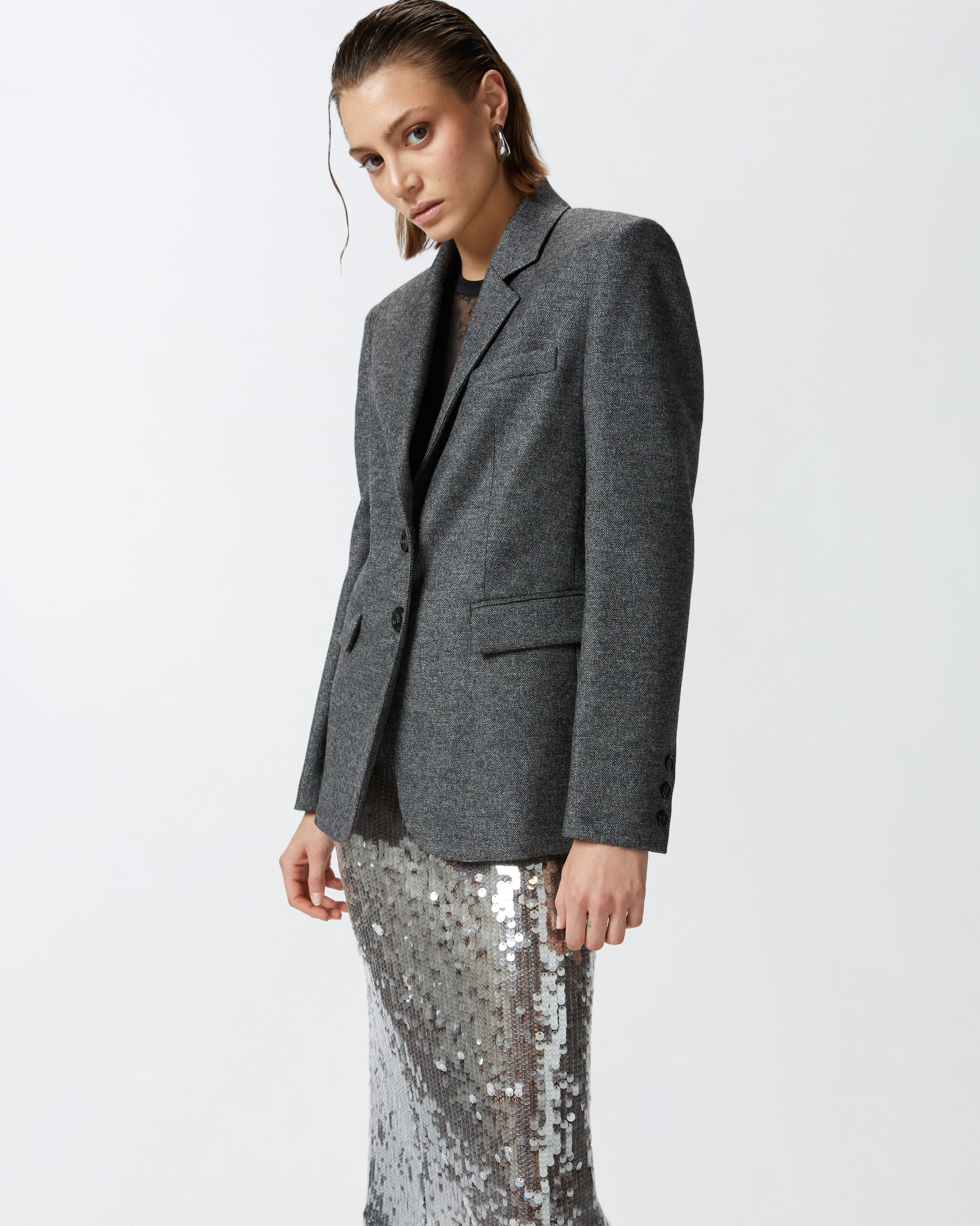 Блейзер из фланели с узором в черно-белую крапинку - ЧЕРНЫЙ, СЕРЫЙ, multicolor - large