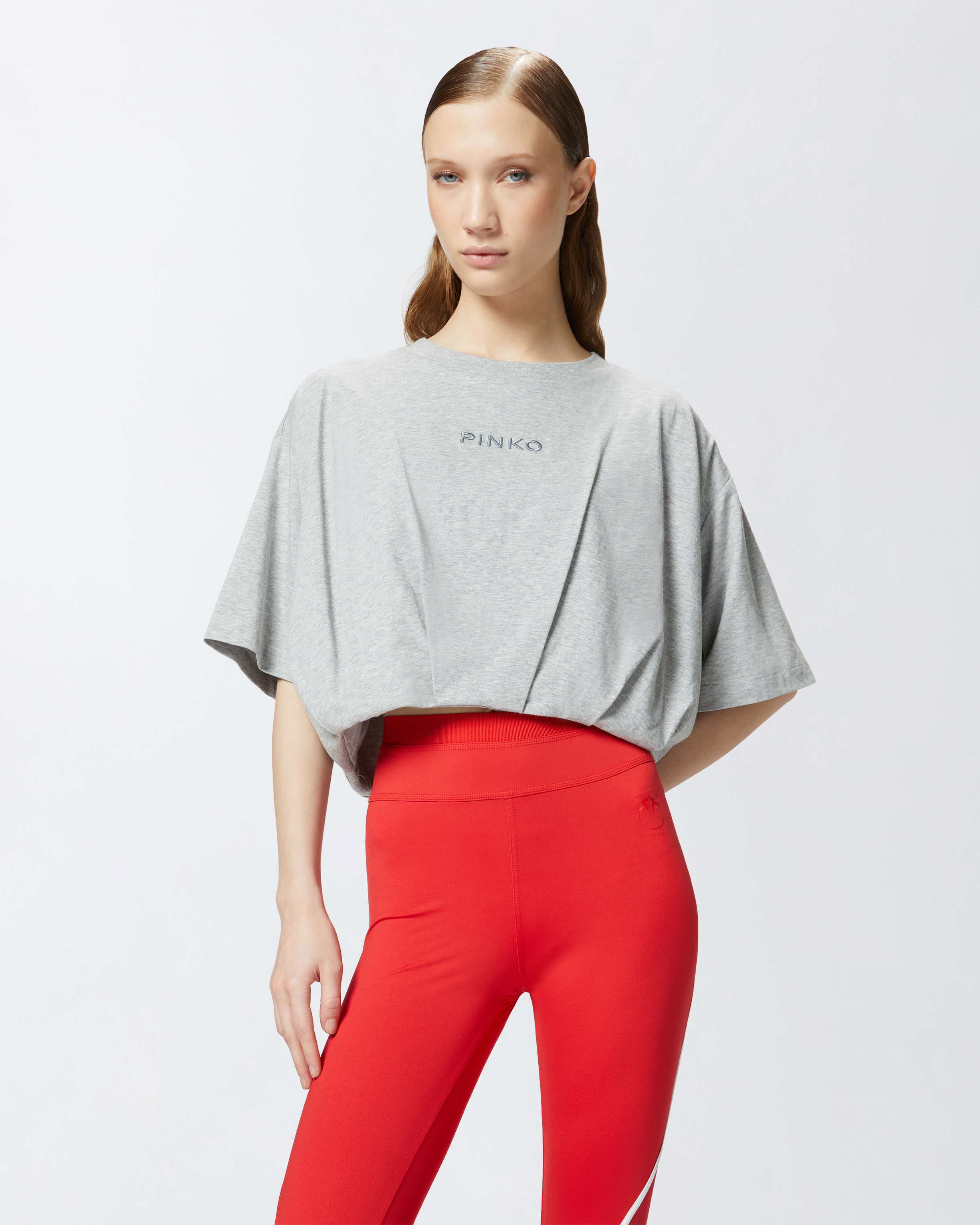 Pinko Short And Loose T-shirt With Logo Embroidery In Grigio Pioggerella