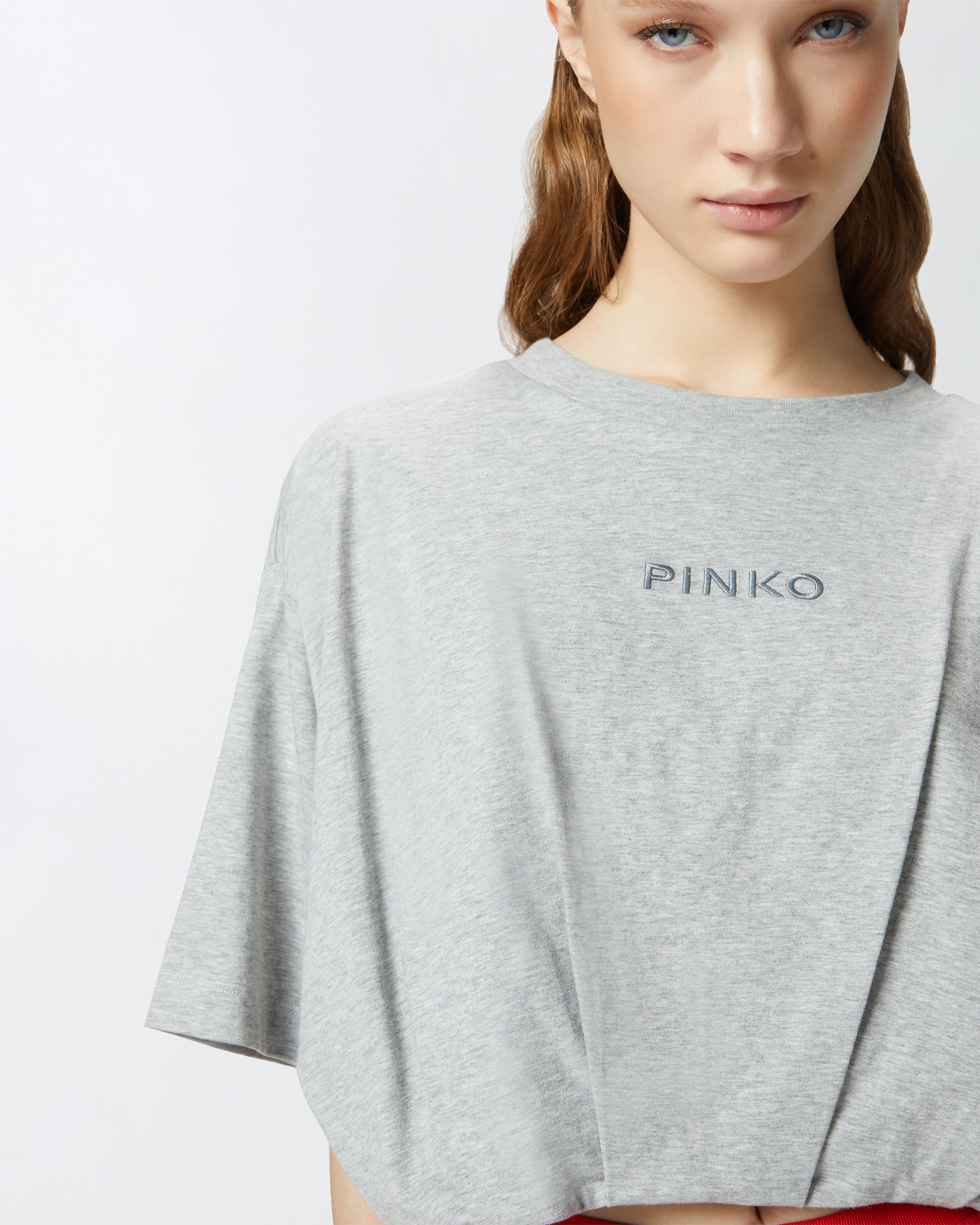Pinko Short And Loose T-shirt With Logo Embroidery In Grigio Pioggerella