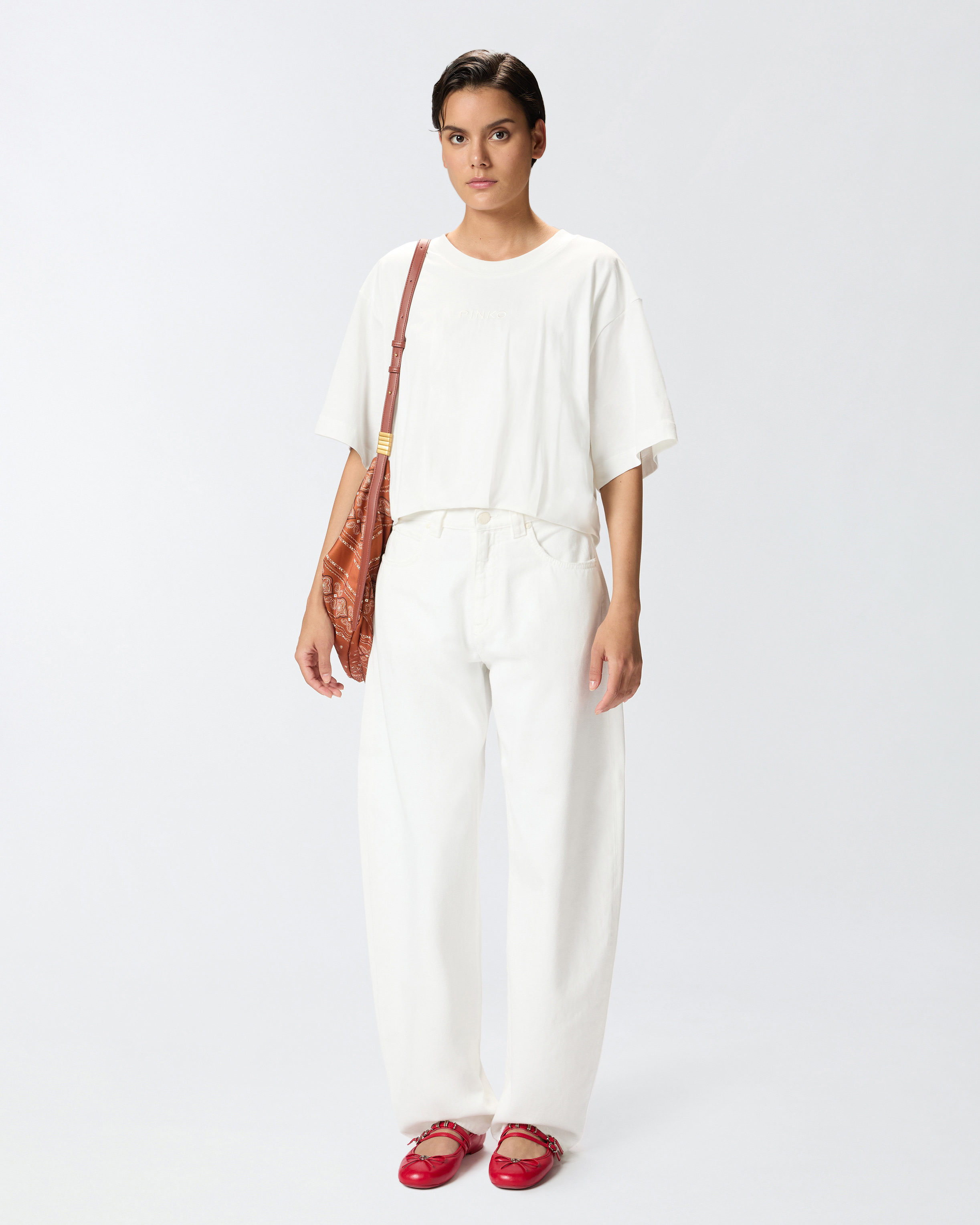 Wide cropped T-shirt with logo embroidery PINKO → Shop Online