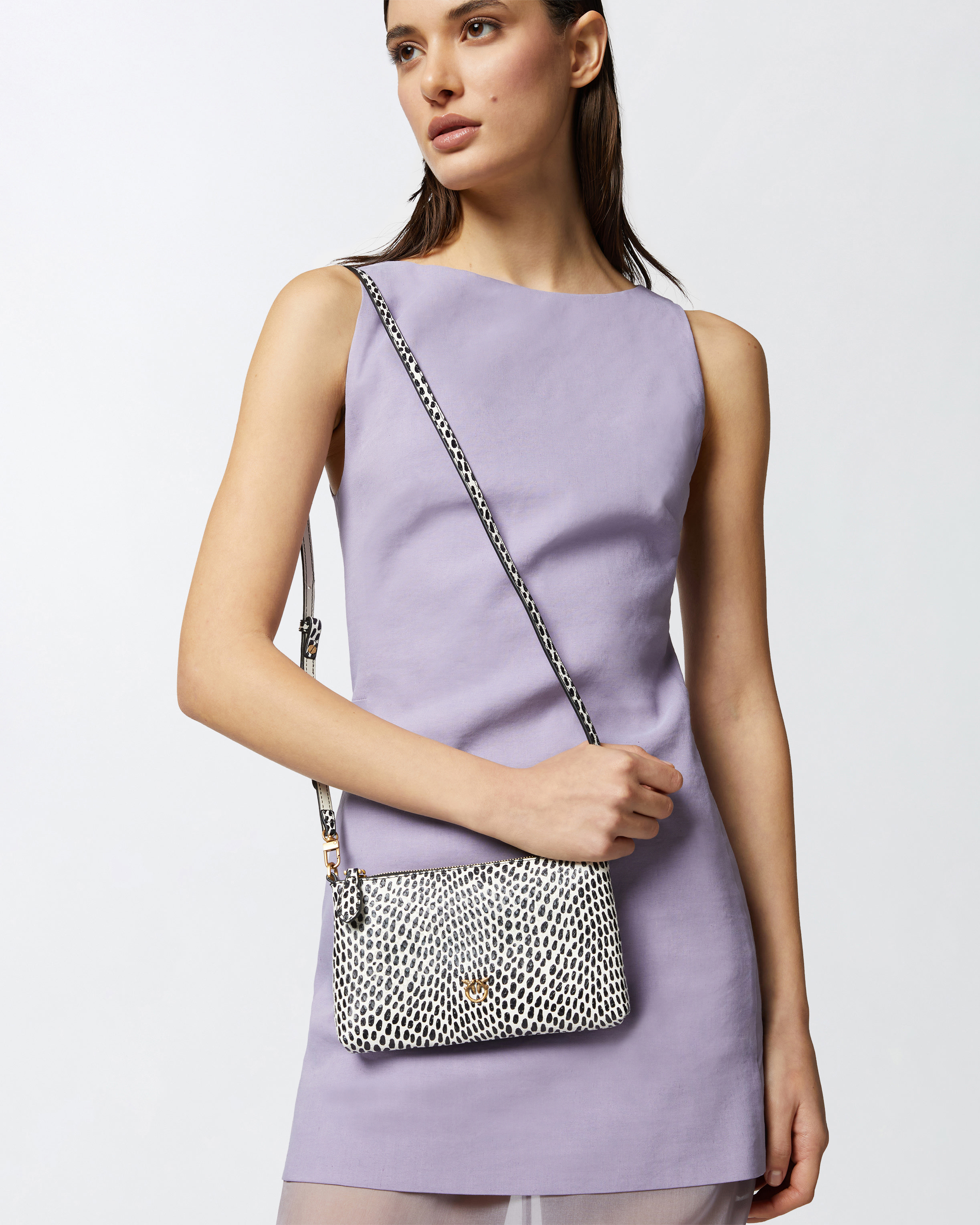 Pinko Polka Dot Leather Evening Bag With Shoulder Strap In White/black-antique Gold
