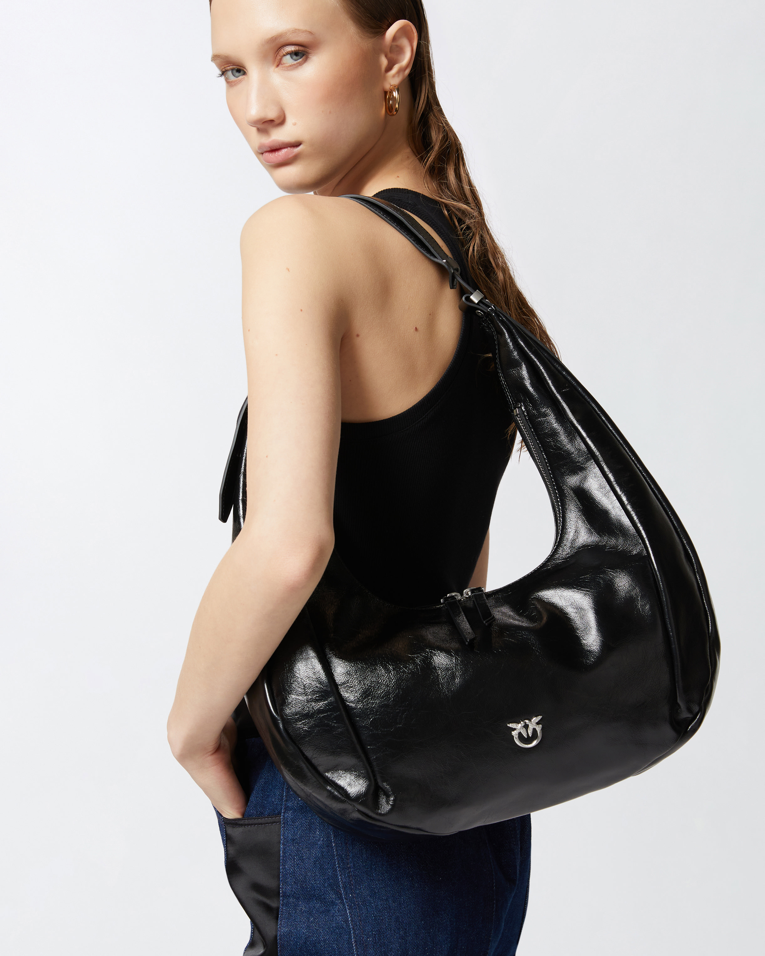 Pinko Hobo Slouchy Large Shoulder Bag In Shiny Leather