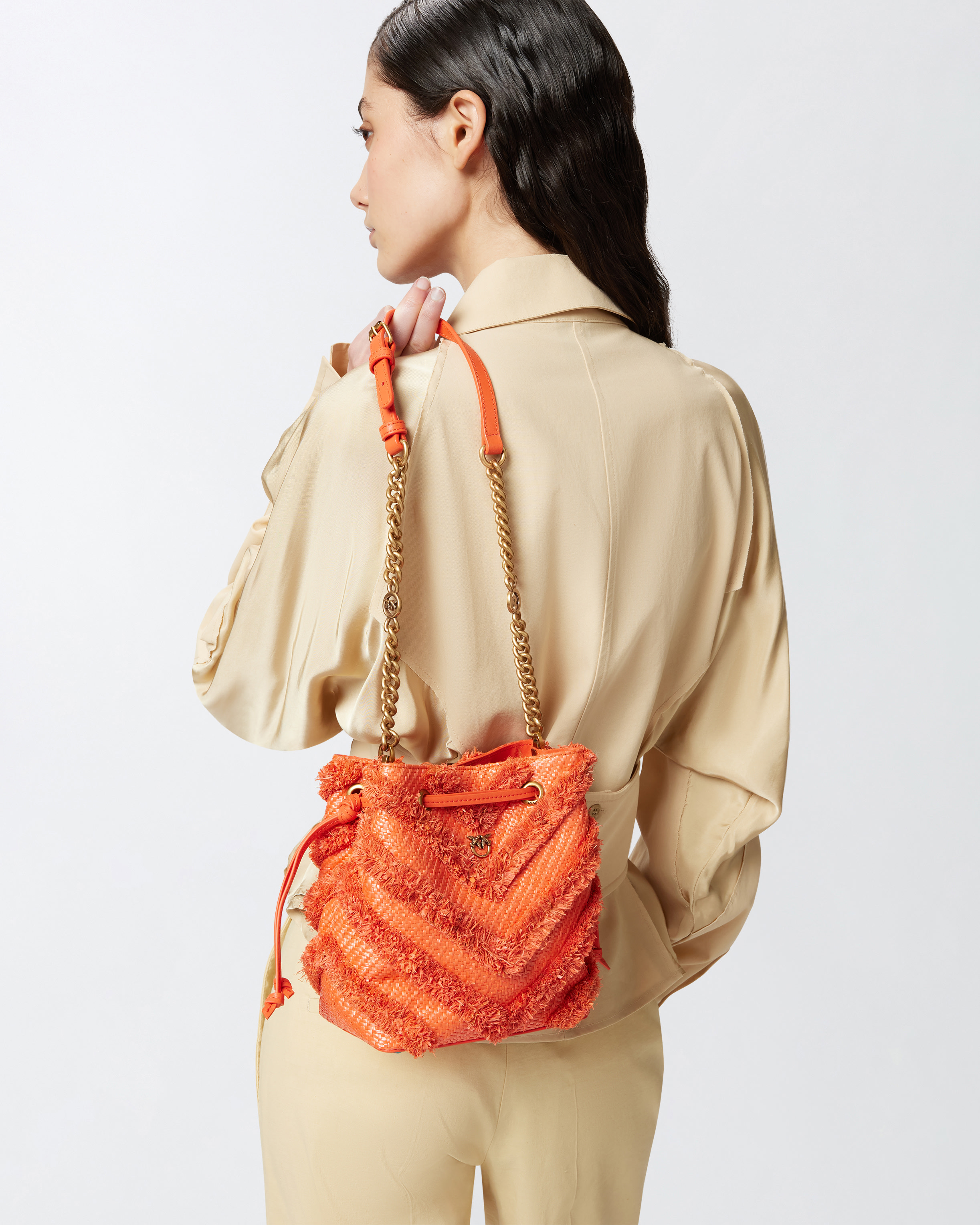 Pinko Small Bucket Bag In Frayed Raffia