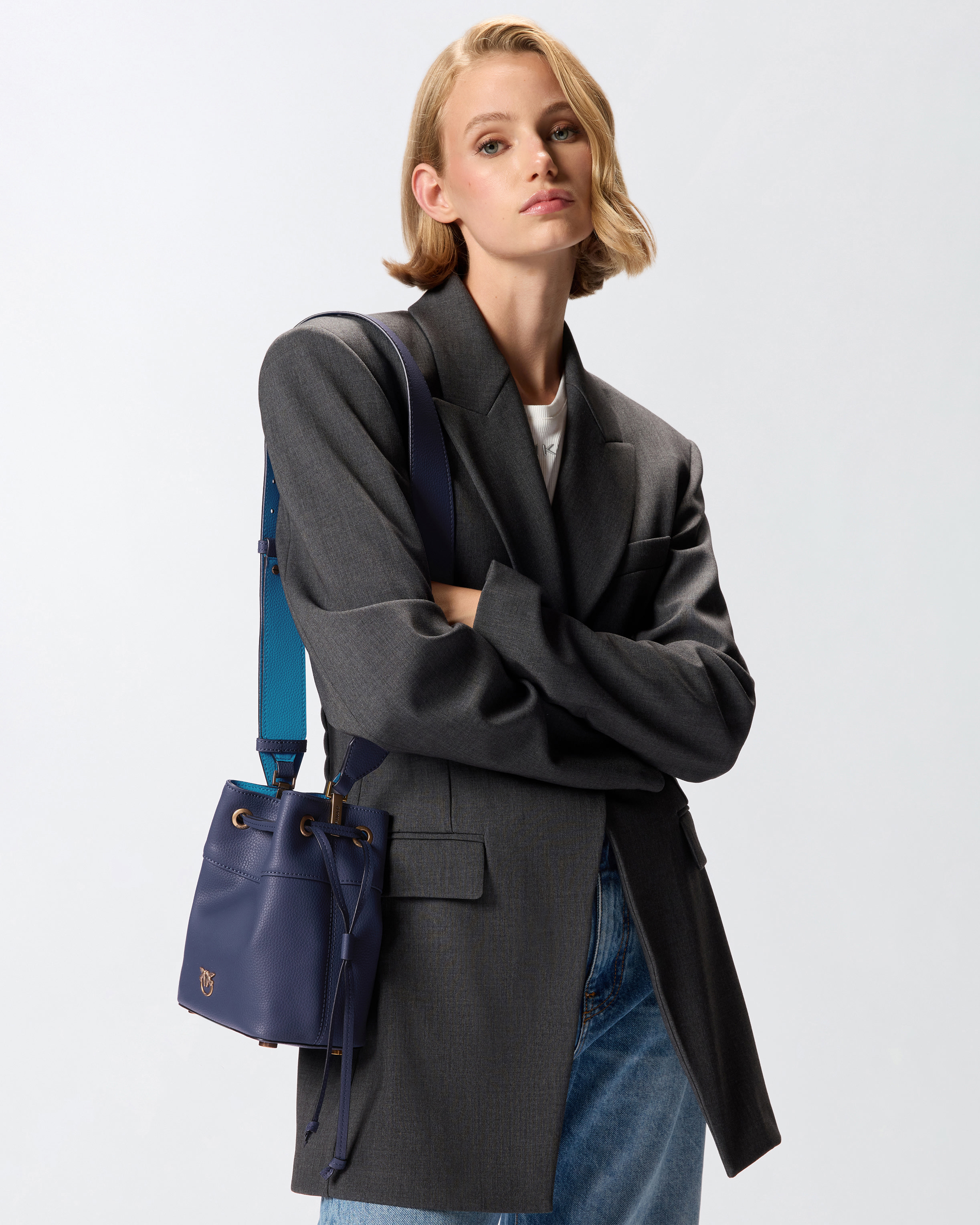 Small full-grain leather bucket bag with Love Birds logo - Blue, Light blue - large