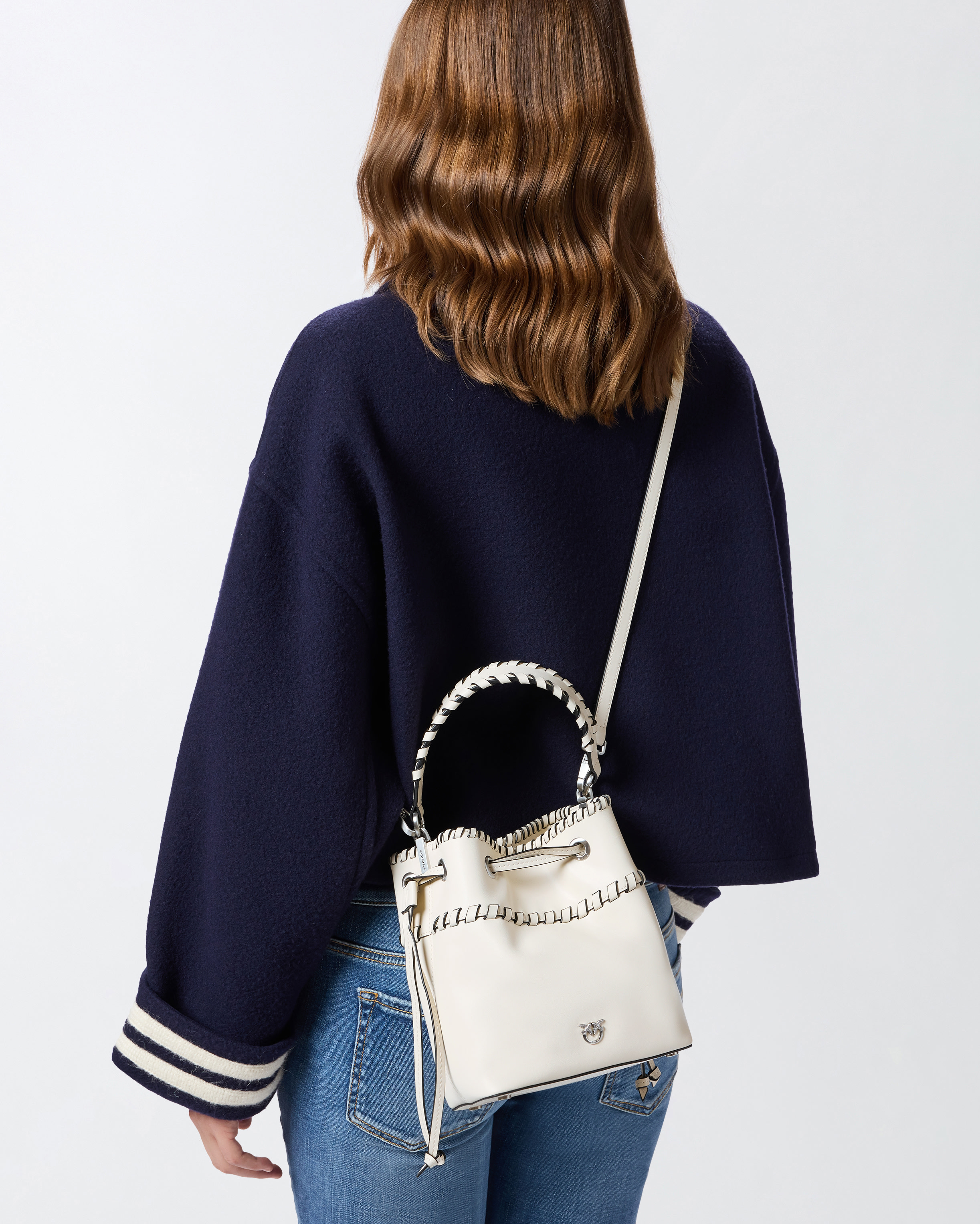 Pinko Small Leather Bucket Bag With Threaded Detailing In White