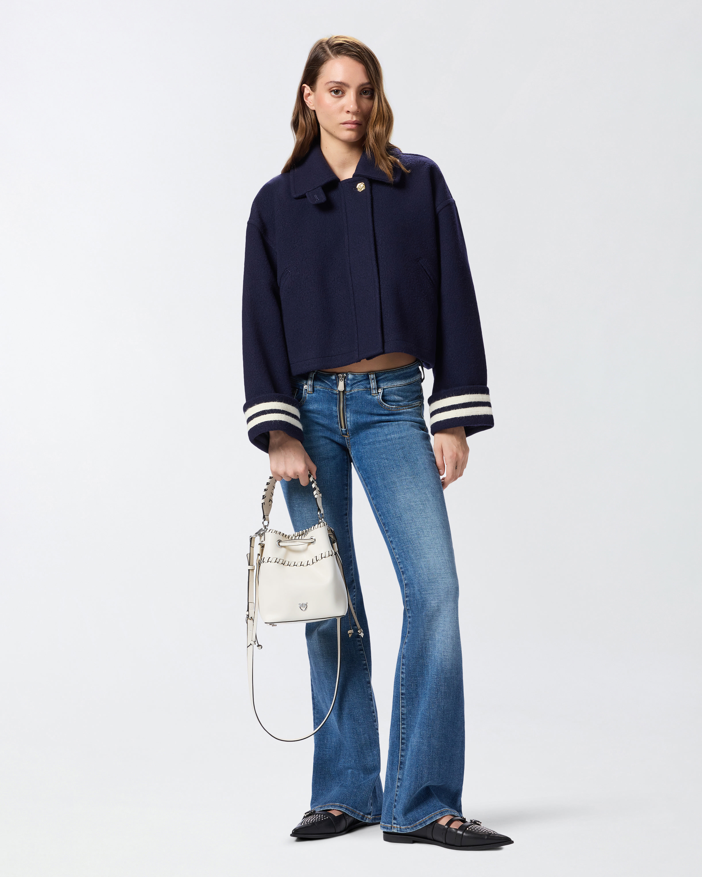 Pinko Small Leather Bucket Bag With Threaded Detailing In White