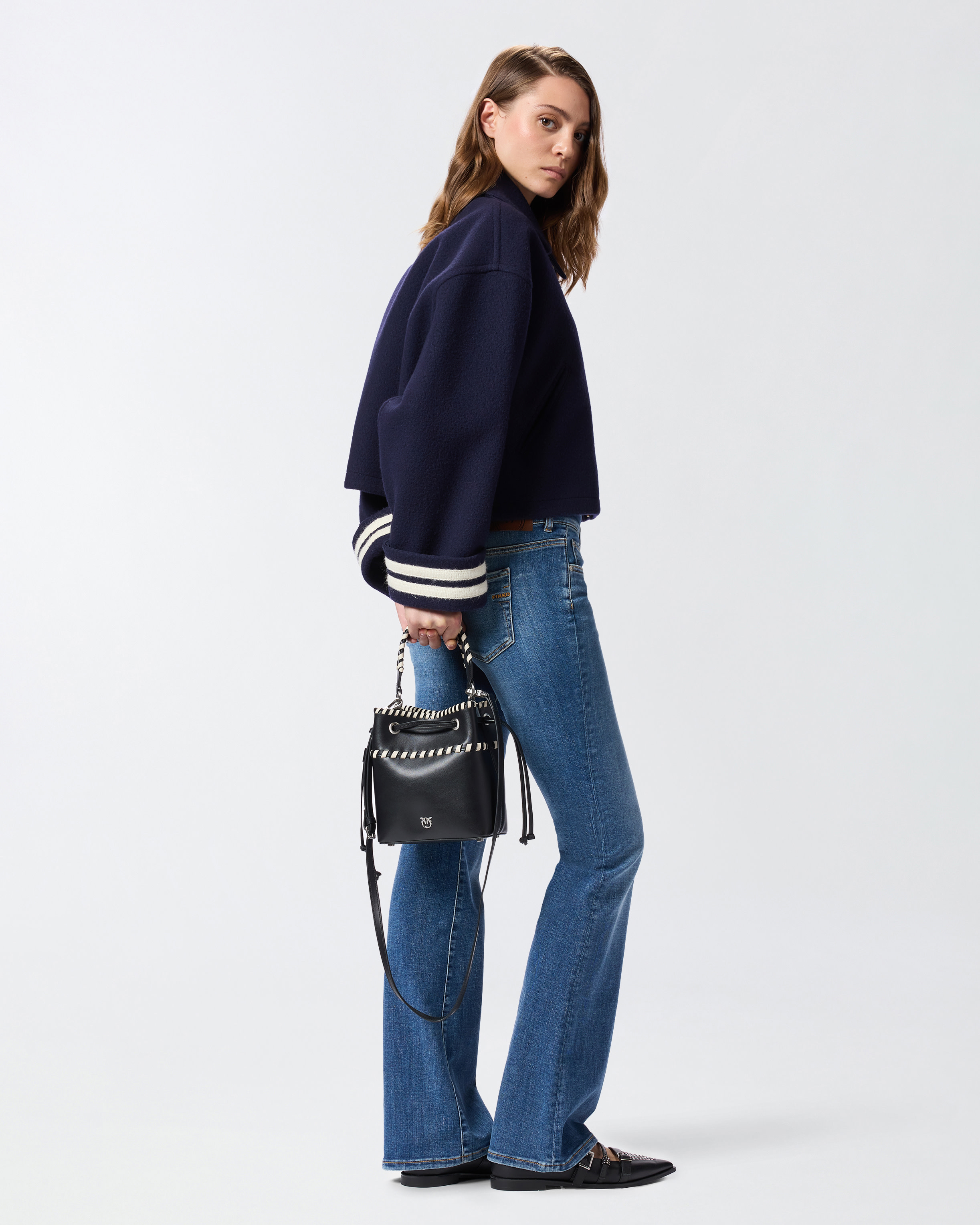 Pinko Small Leather Bucket Bag With Threaded Detailing In Black