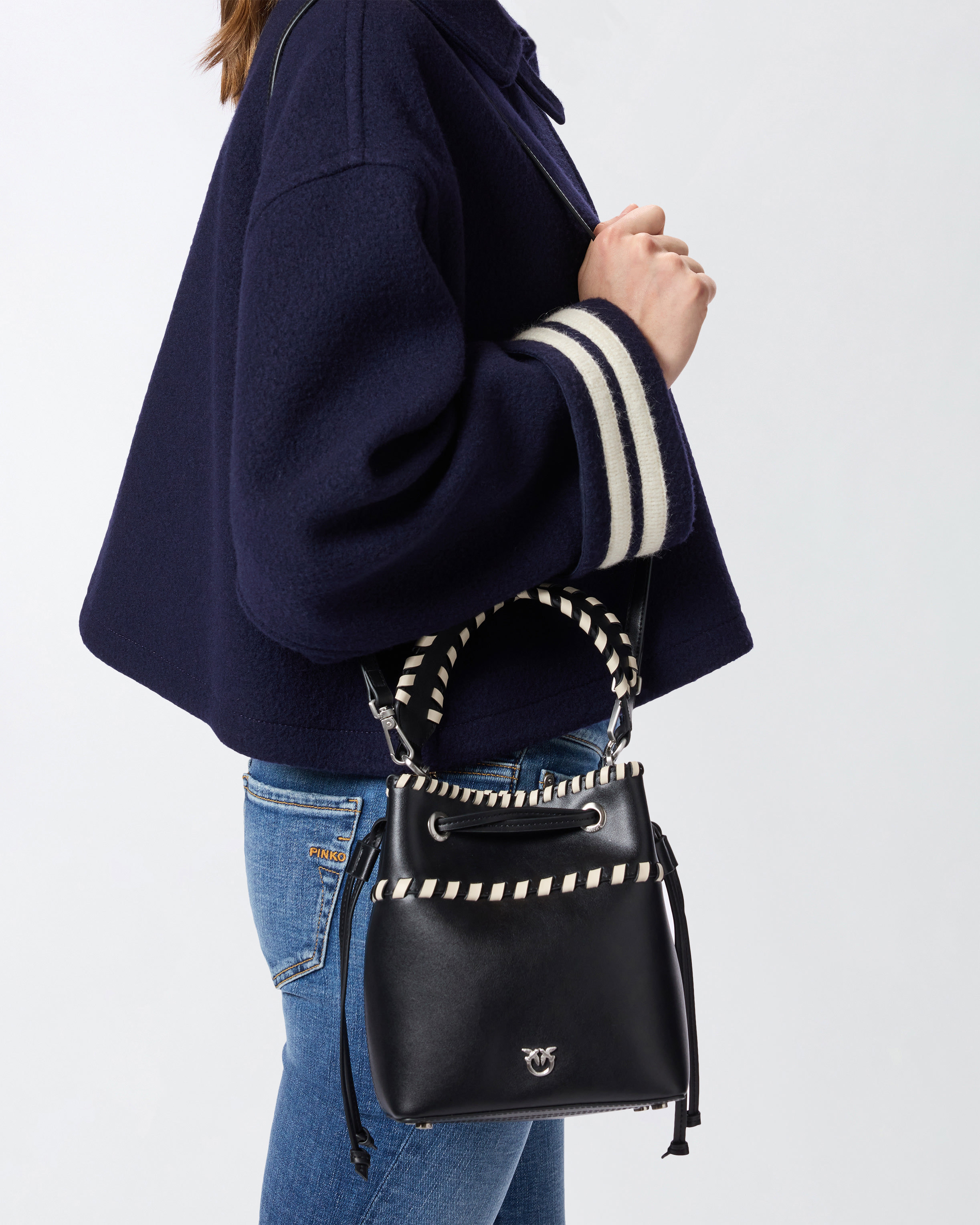 Pinko Small Leather Bucket Bag With Threaded Detailing In Black