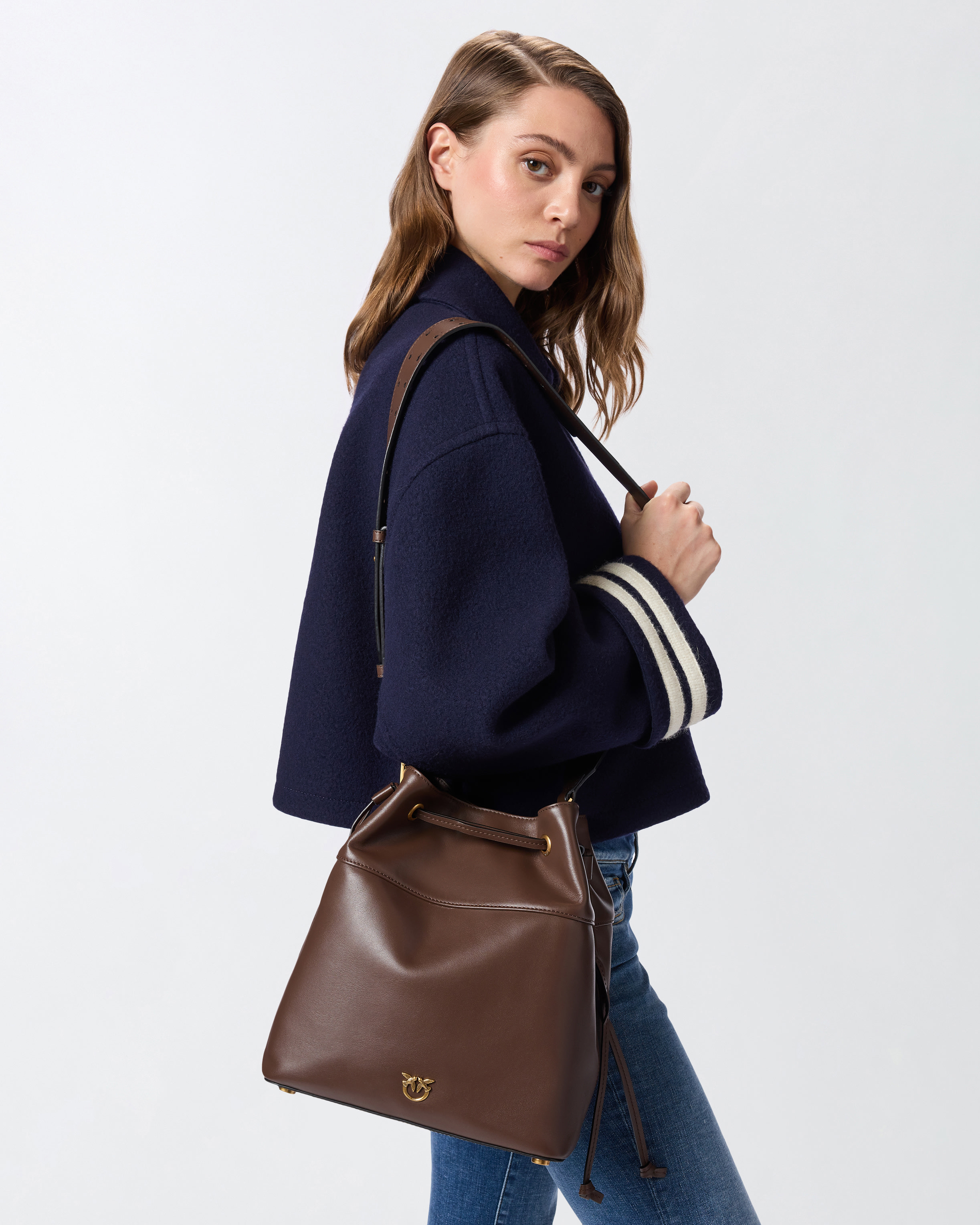 Schultertasche in Beutelform aus Leder mit Logo Love Birds - Braun - large