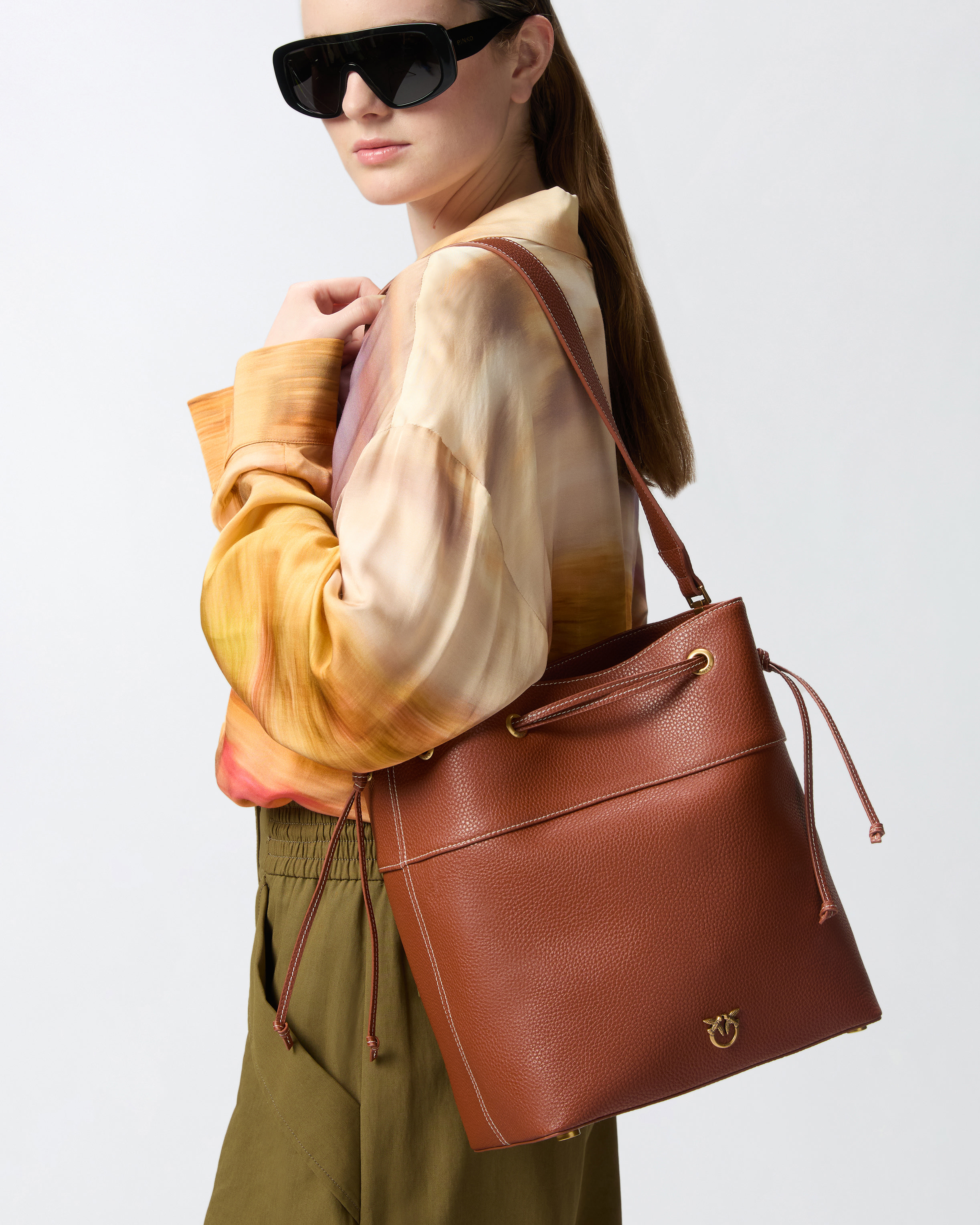 Pinko Leather Bucket Bag With Shoulder Strap In Arab-antique Gold