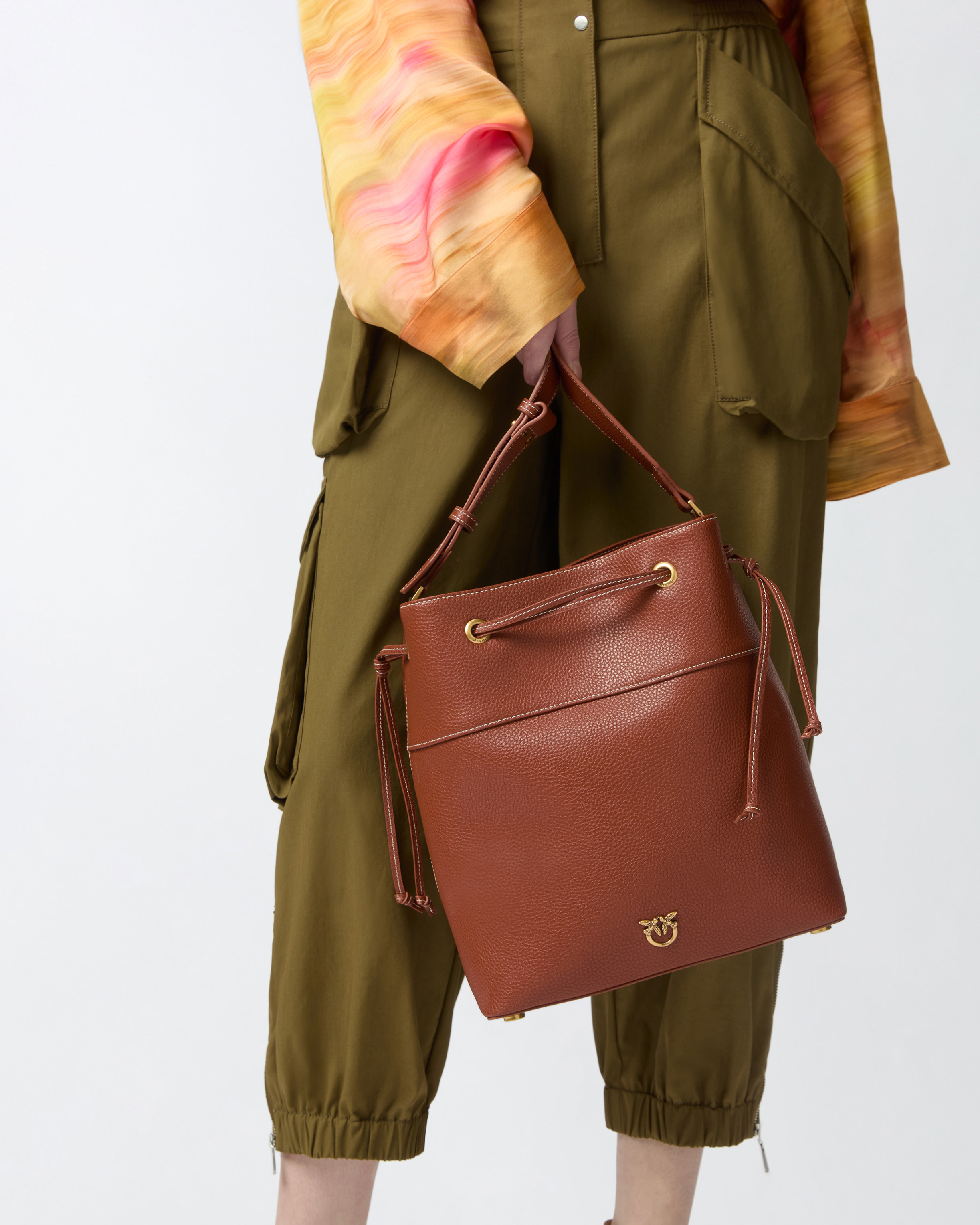 Pinko Leather Bucket Bag With Shoulder Strap In Arab-antique Gold