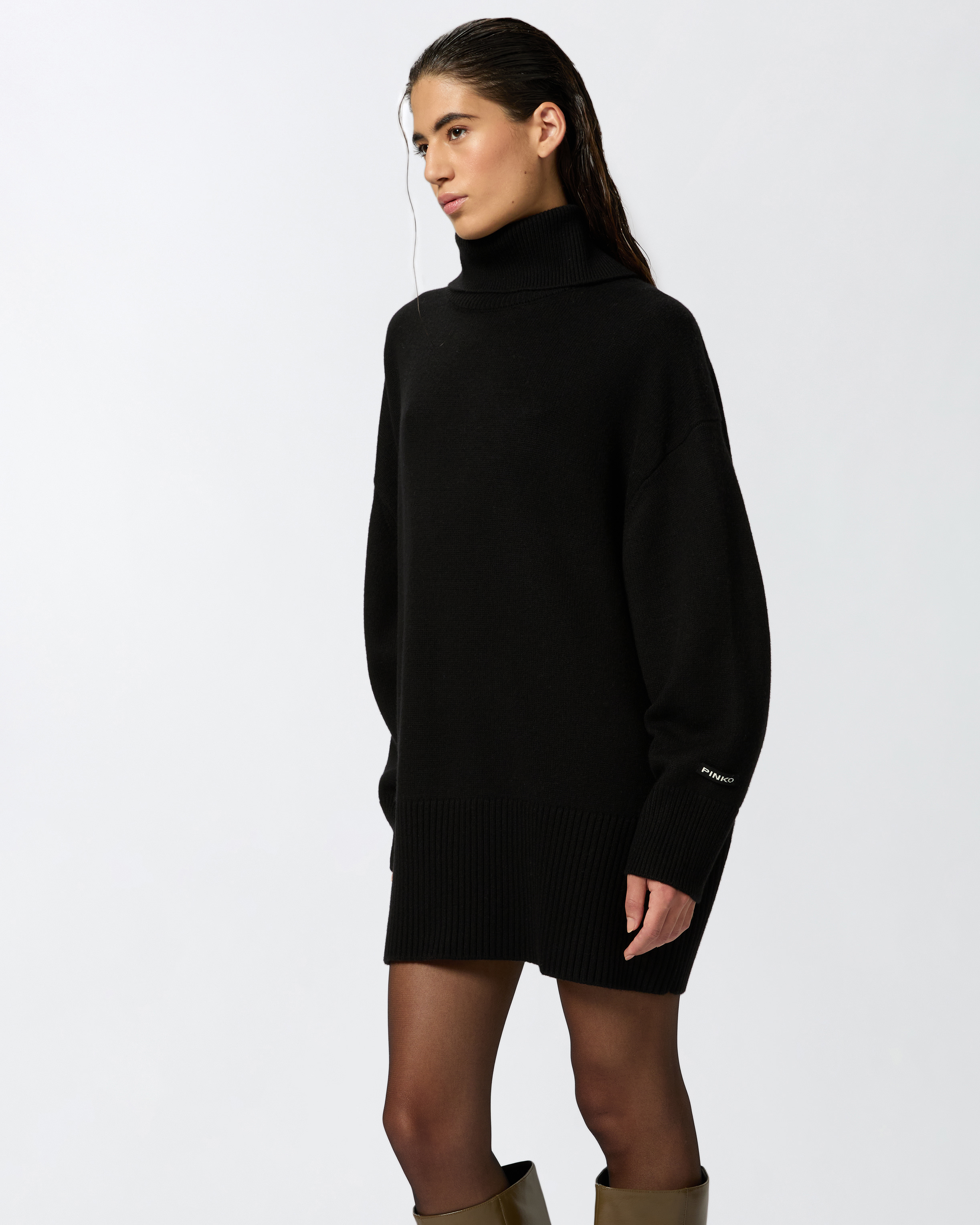 Pinko Short Wool Dress With High Collar In Noir Limousine