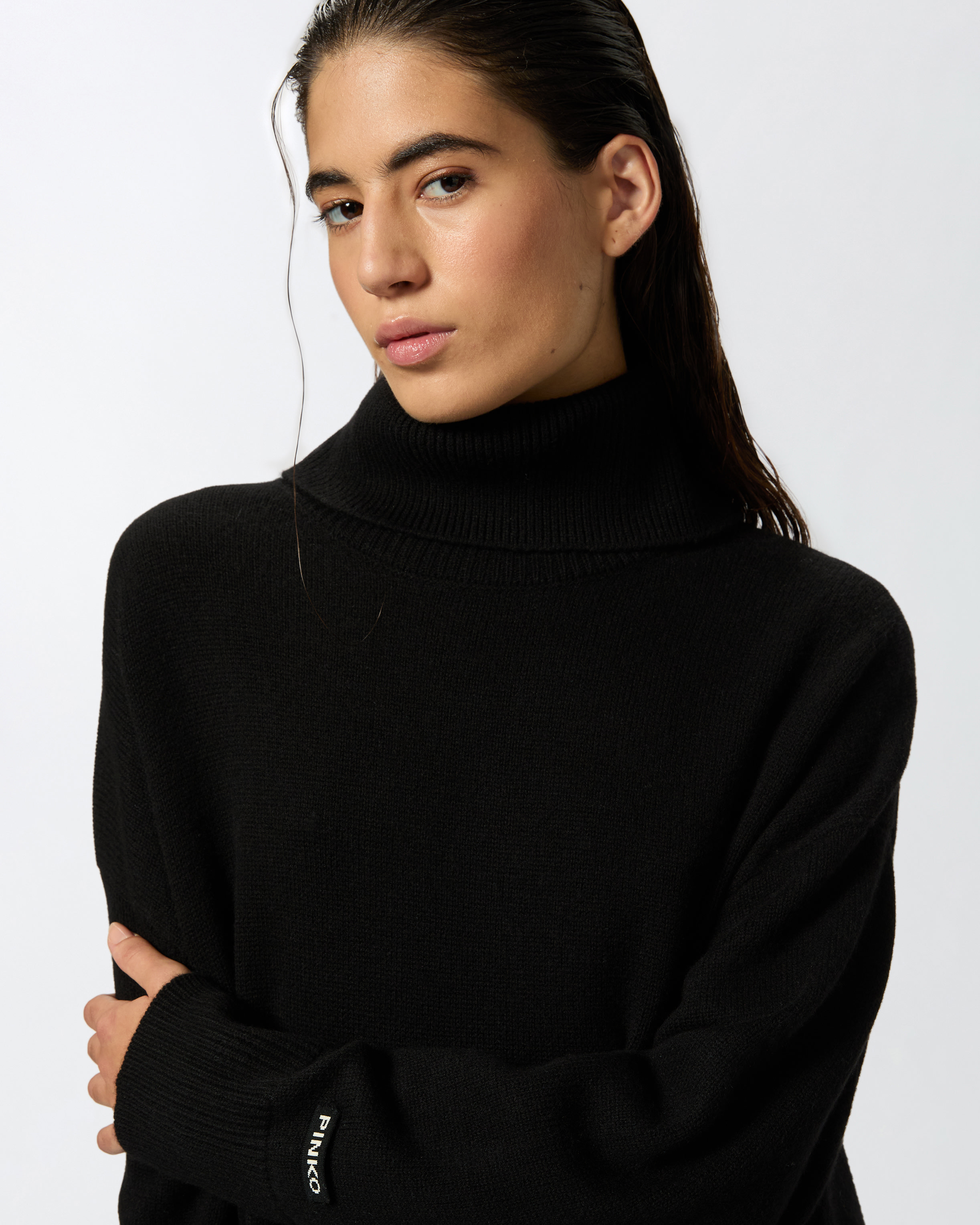Pinko Short Wool Dress With High Collar In Noir Limousine