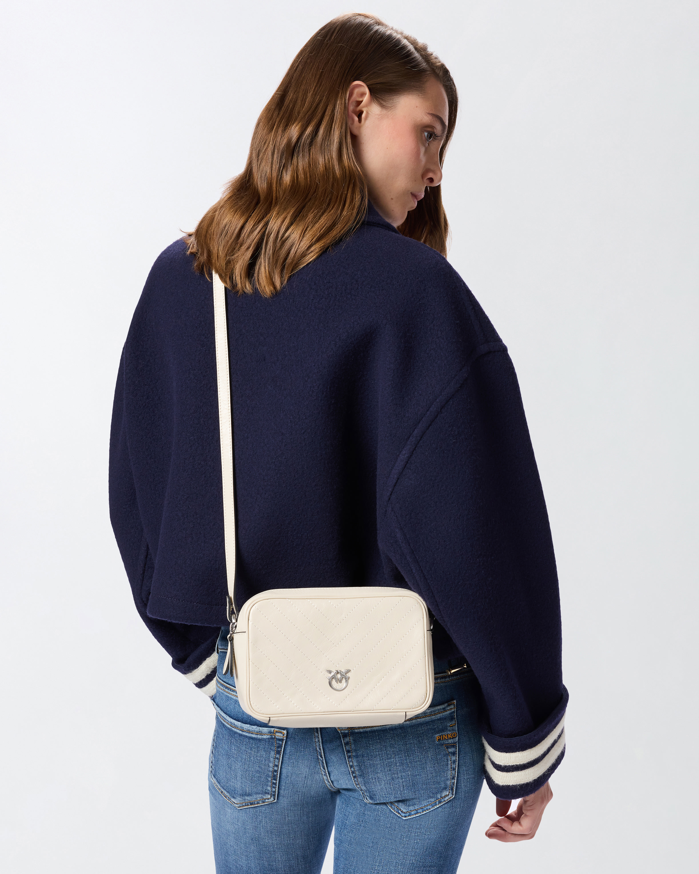 Medium chevron leather camera bag with strap - White - large