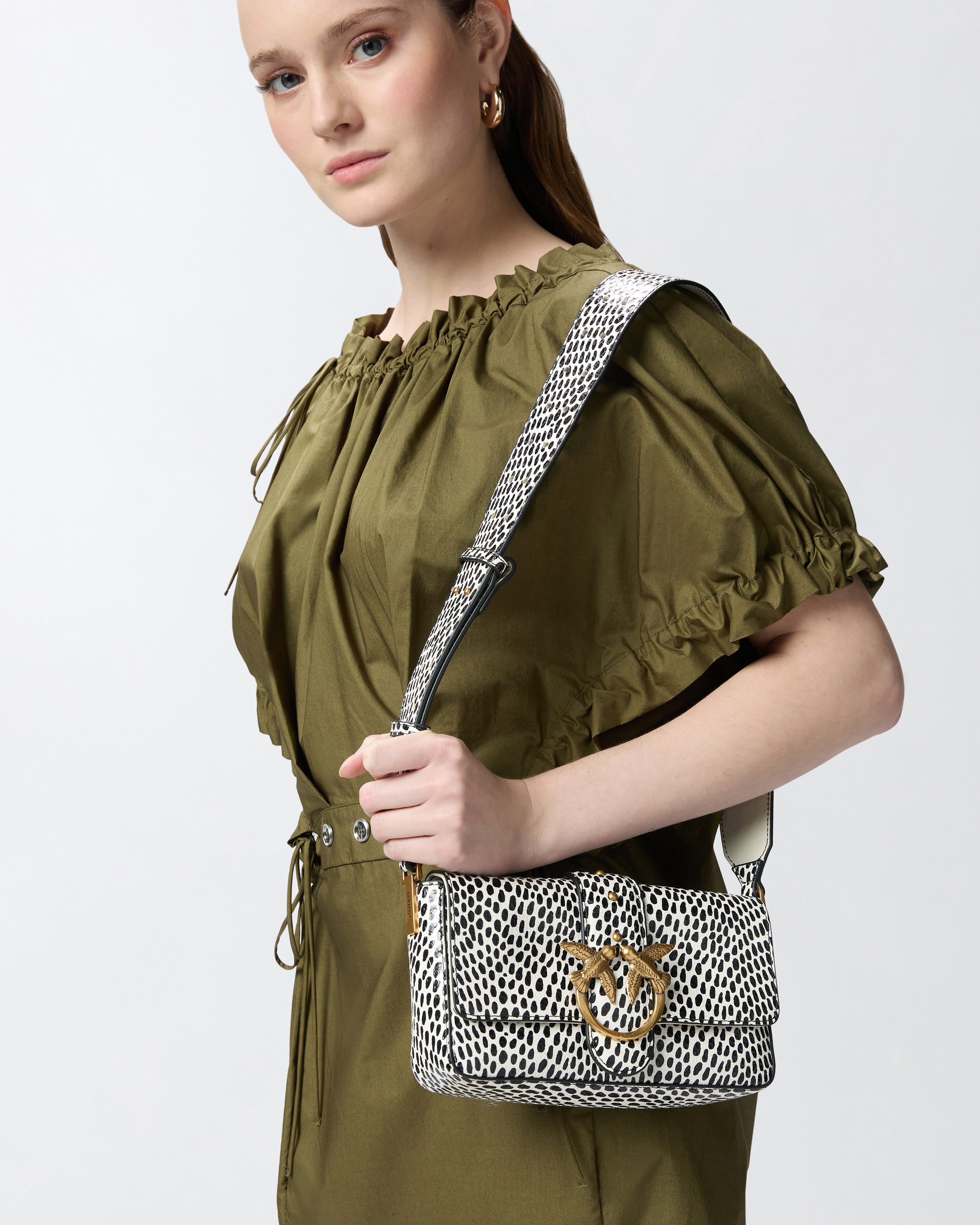 Pinko Soft Mini Love Bag Reptile Polka Dots Bag With Shoulder Strap In White/black-antique Gold