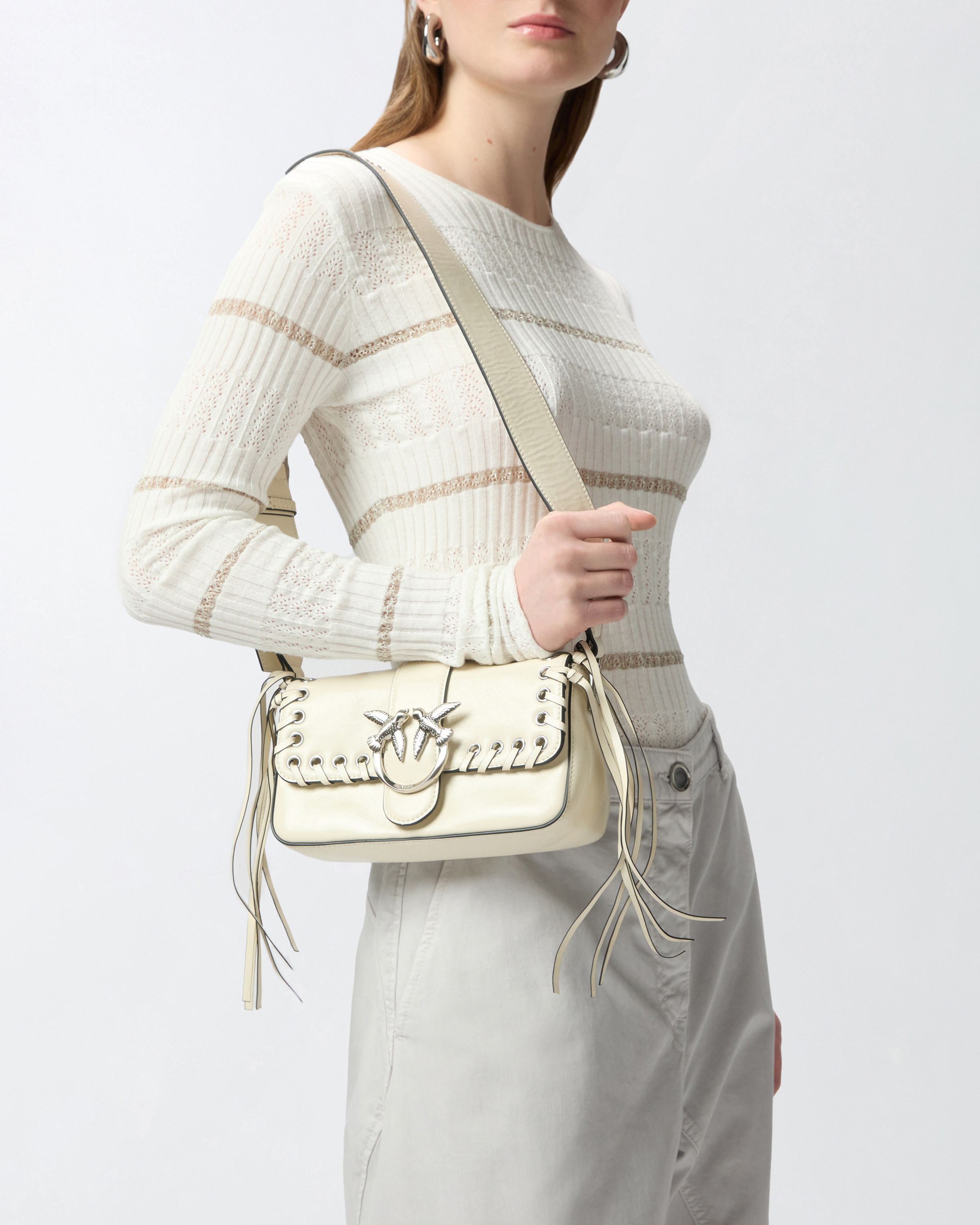 Pinko Slouchy Love Bag Soft Handbag With Fringes And Shoulder Strap In Silk White-brushed Silver
