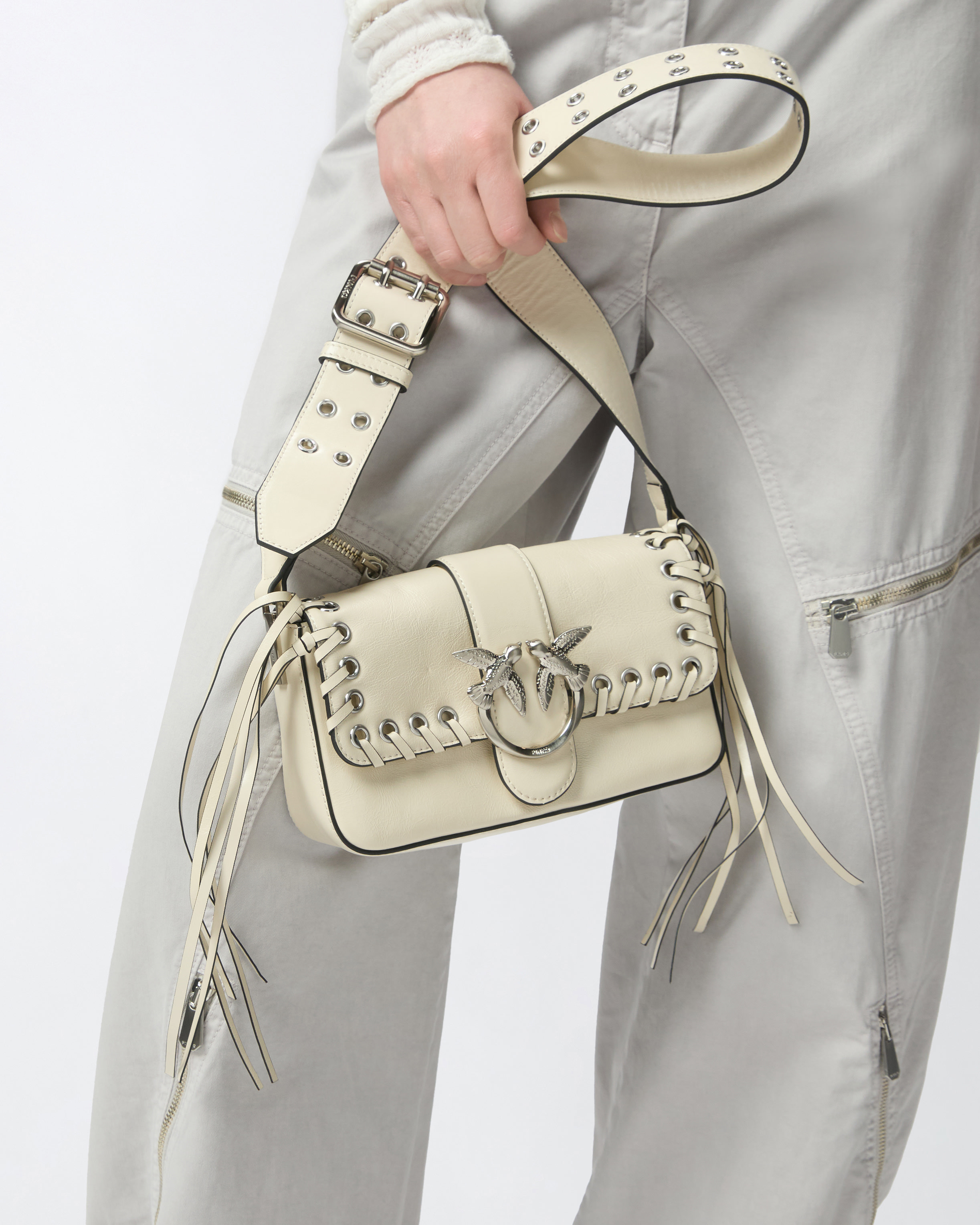 Pinko Slouchy Love Bag Soft Handbag With Fringes And Shoulder Strap In Silk White-brushed Silver
