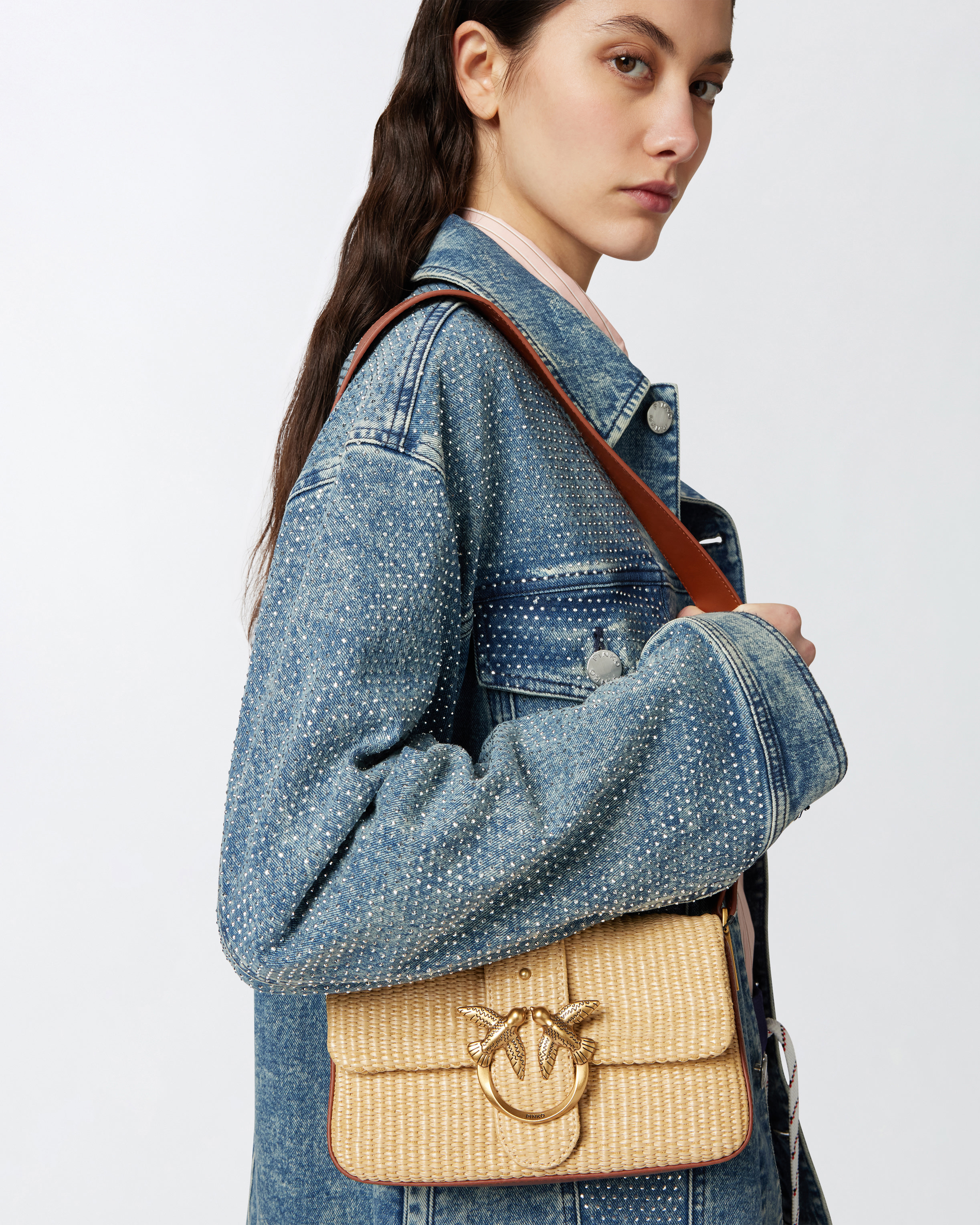 Pinko Mini Love Bag Slouchy Small Shoulder Bag In Raffia With Double Shoulder Strap