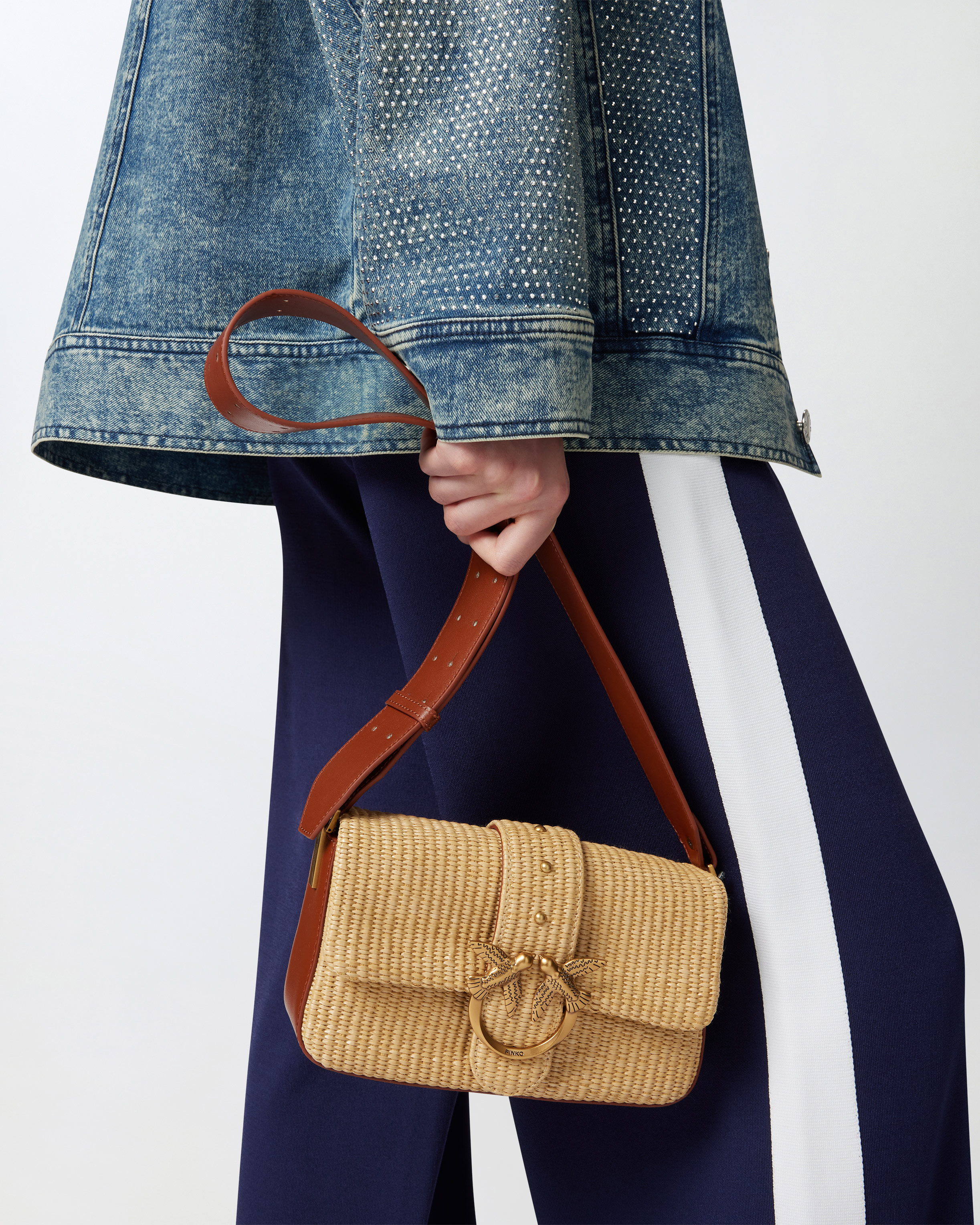 Pinko Mini Love Bag Slouchy Small Shoulder Bag In Raffia With Double Shoulder Strap