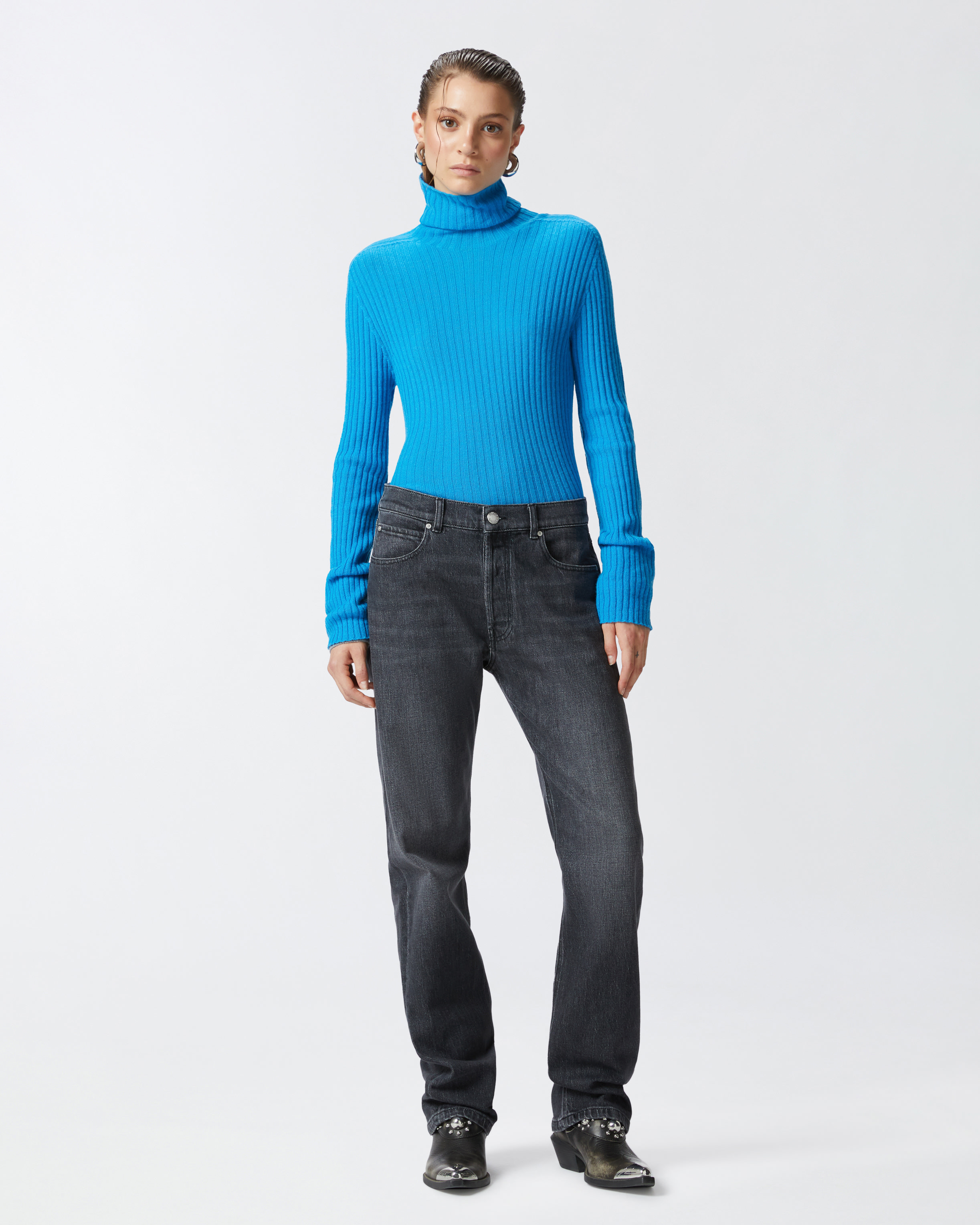 Pinko High-neck Ribbed Cashmere-blend Sweater With Lurex Cuffs In Turquoise/grey