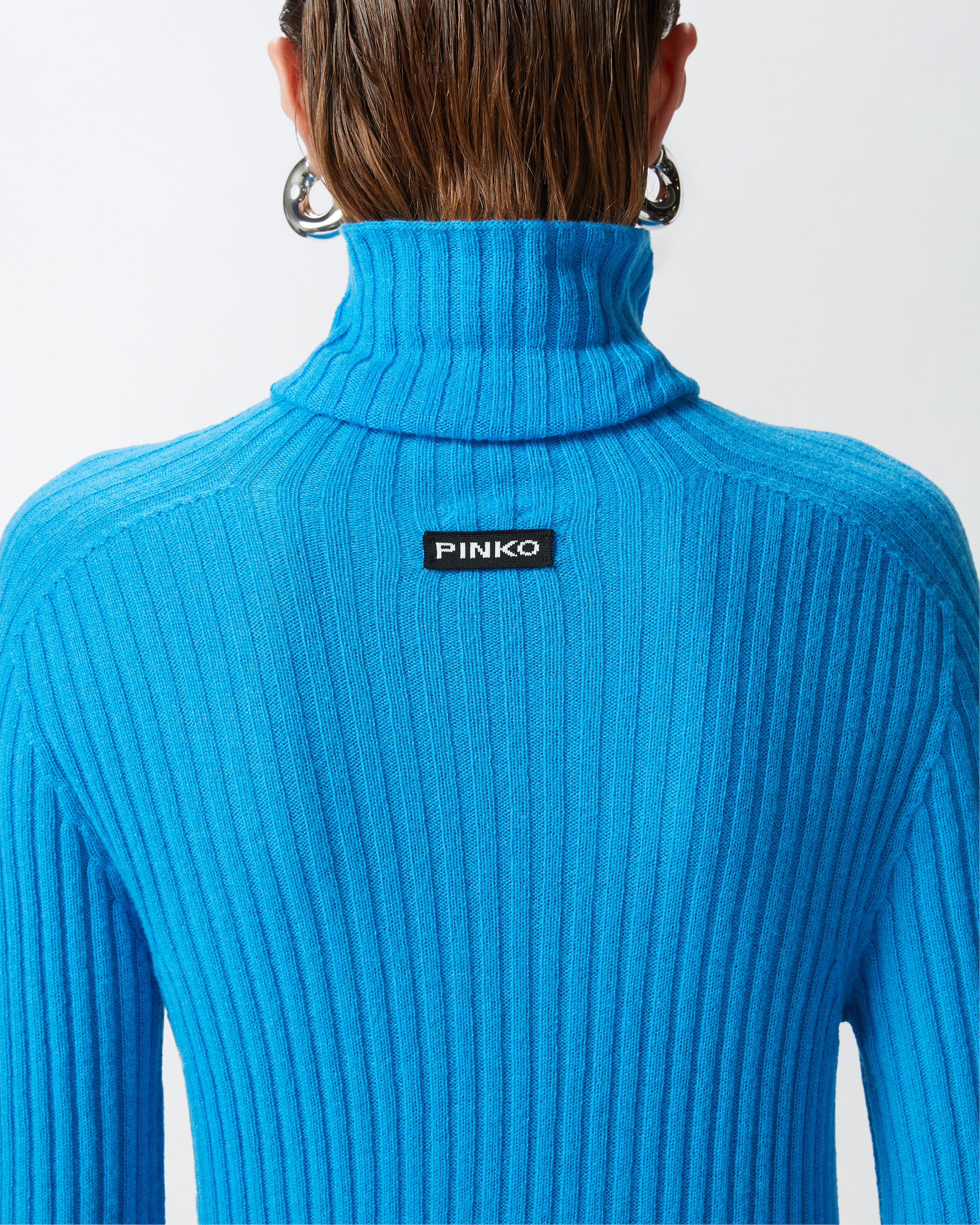 Pinko High-neck Ribbed Cashmere-blend Sweater With Lurex Cuffs In Turquoise/grey