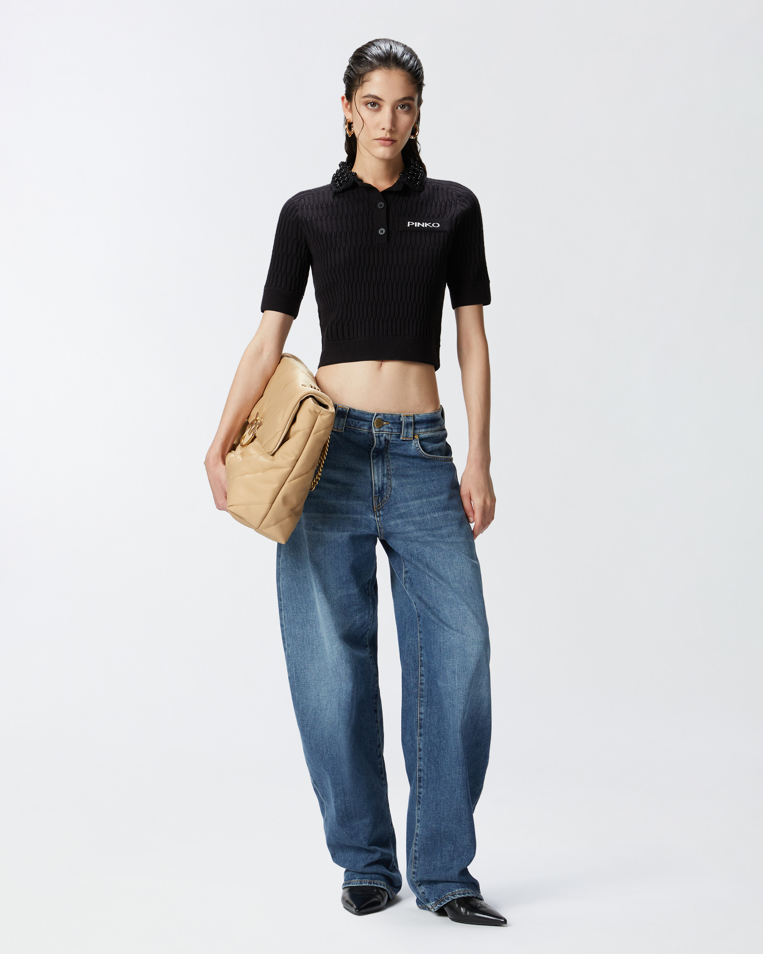Pinko Short Knit Polo With Beaded Crocheted Collar In Limo Black
