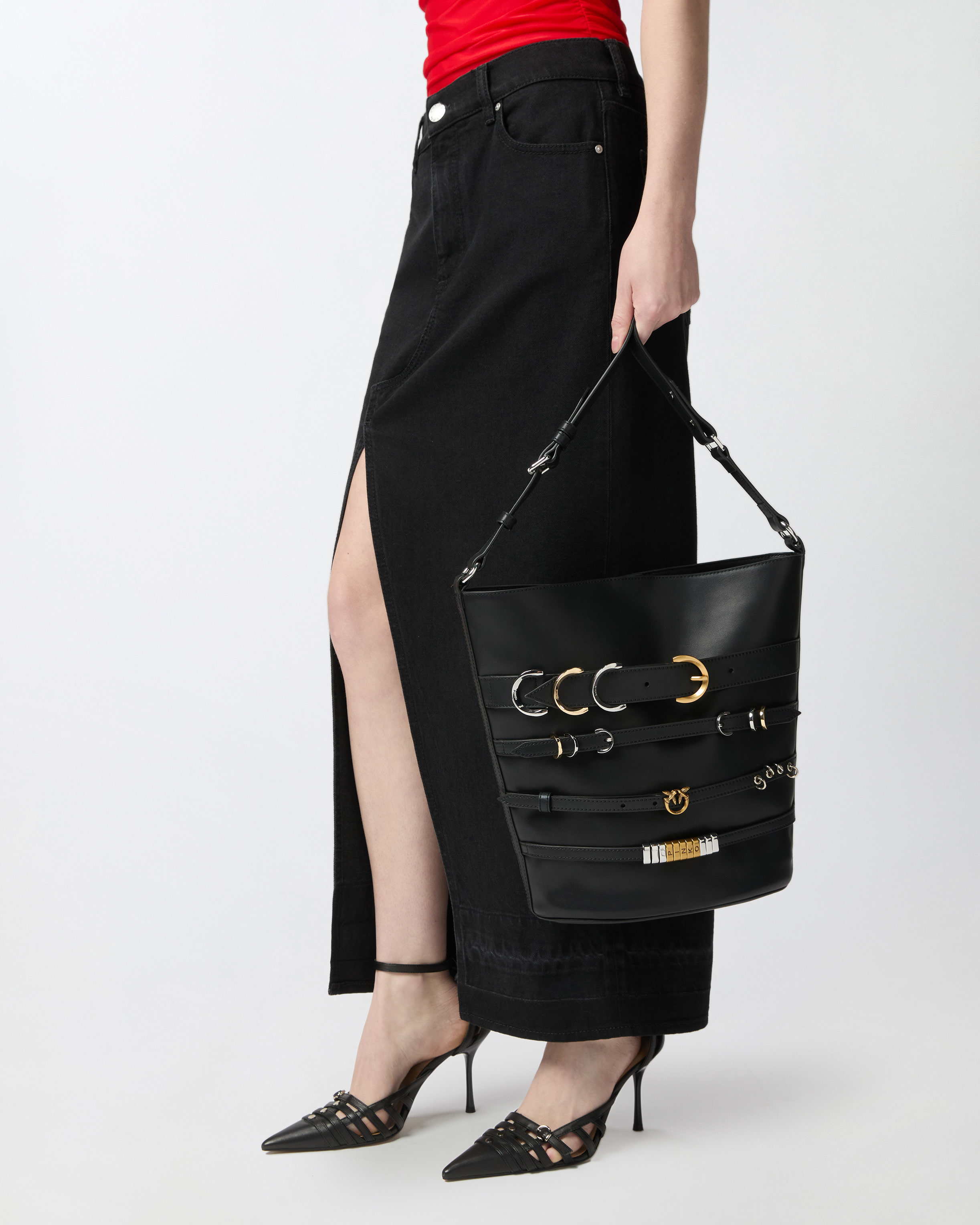 Pinko Large Leather Bucket Bag With Straps In Nero Limousine