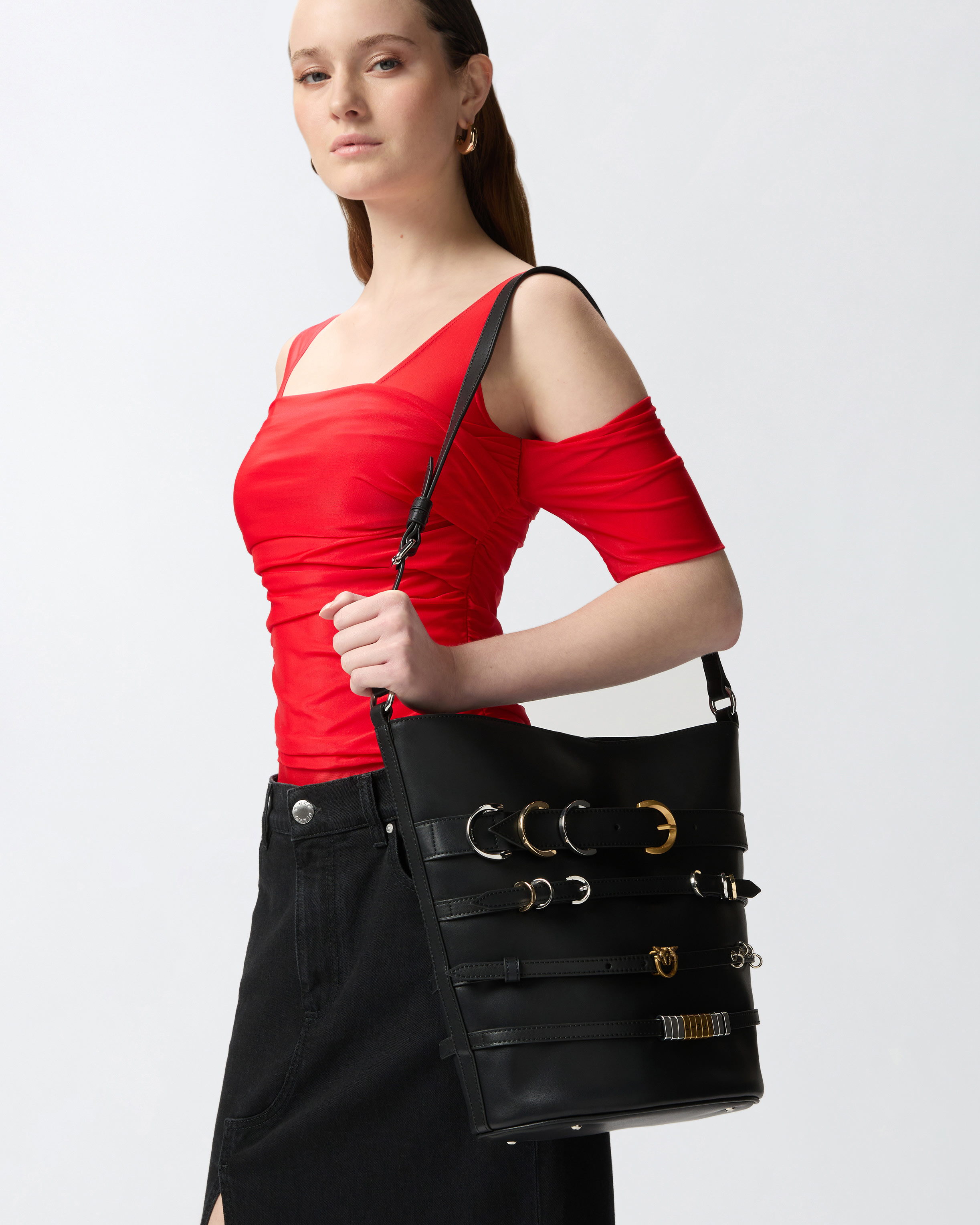 Pinko Large Leather Bucket Bag With Straps In Nero Limousine