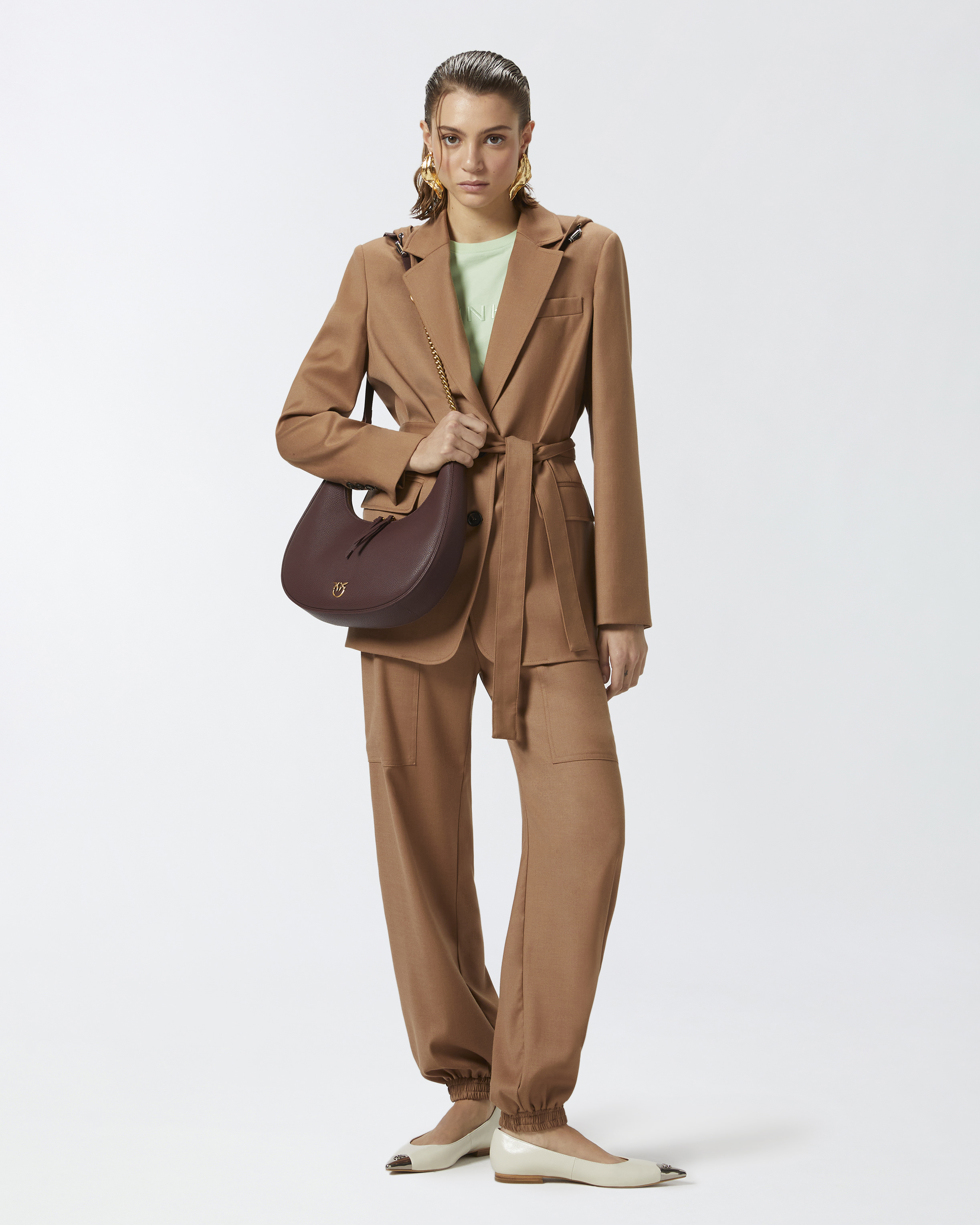 Pinko Flannel Utility Trousers With Elasticated Hem Detail In Marron Noisette