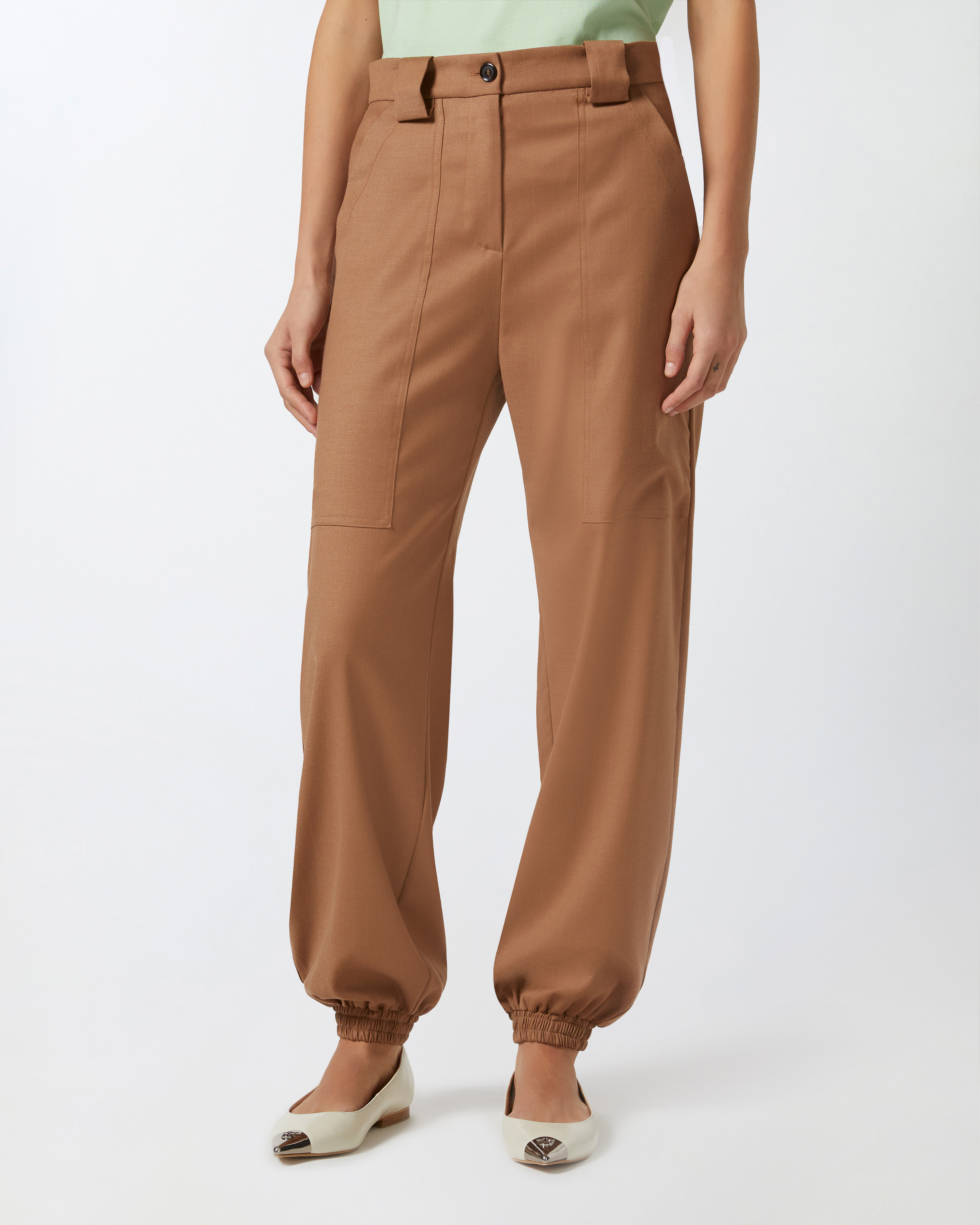 Pinko Flannel Utility Trousers With Elasticated Hem Detail In Marron Noisette