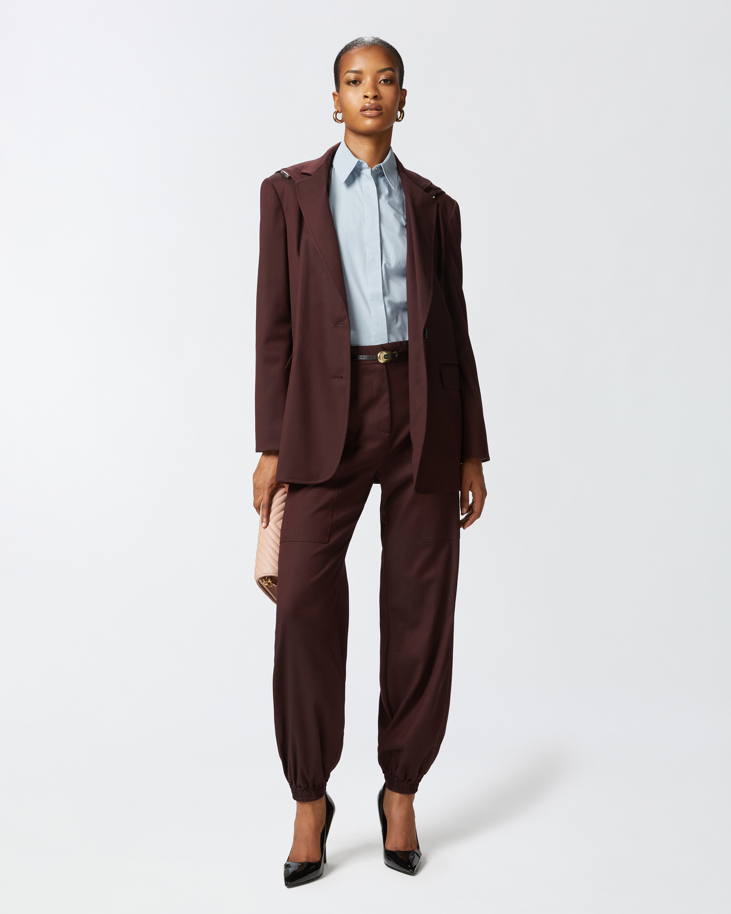 Pinko Flannel Utility Trousers With Elasticated Bottom Hem In Bordeaux Intenso