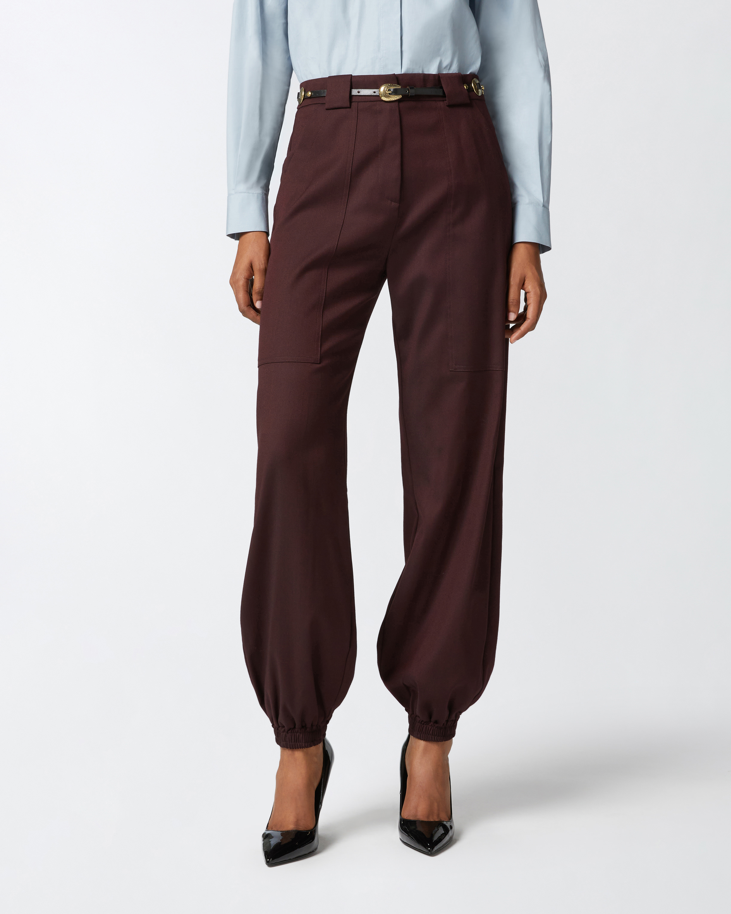 Pinko Flannel Utility Trousers With Elasticated Bottom Hem In Bordeaux Intenso
