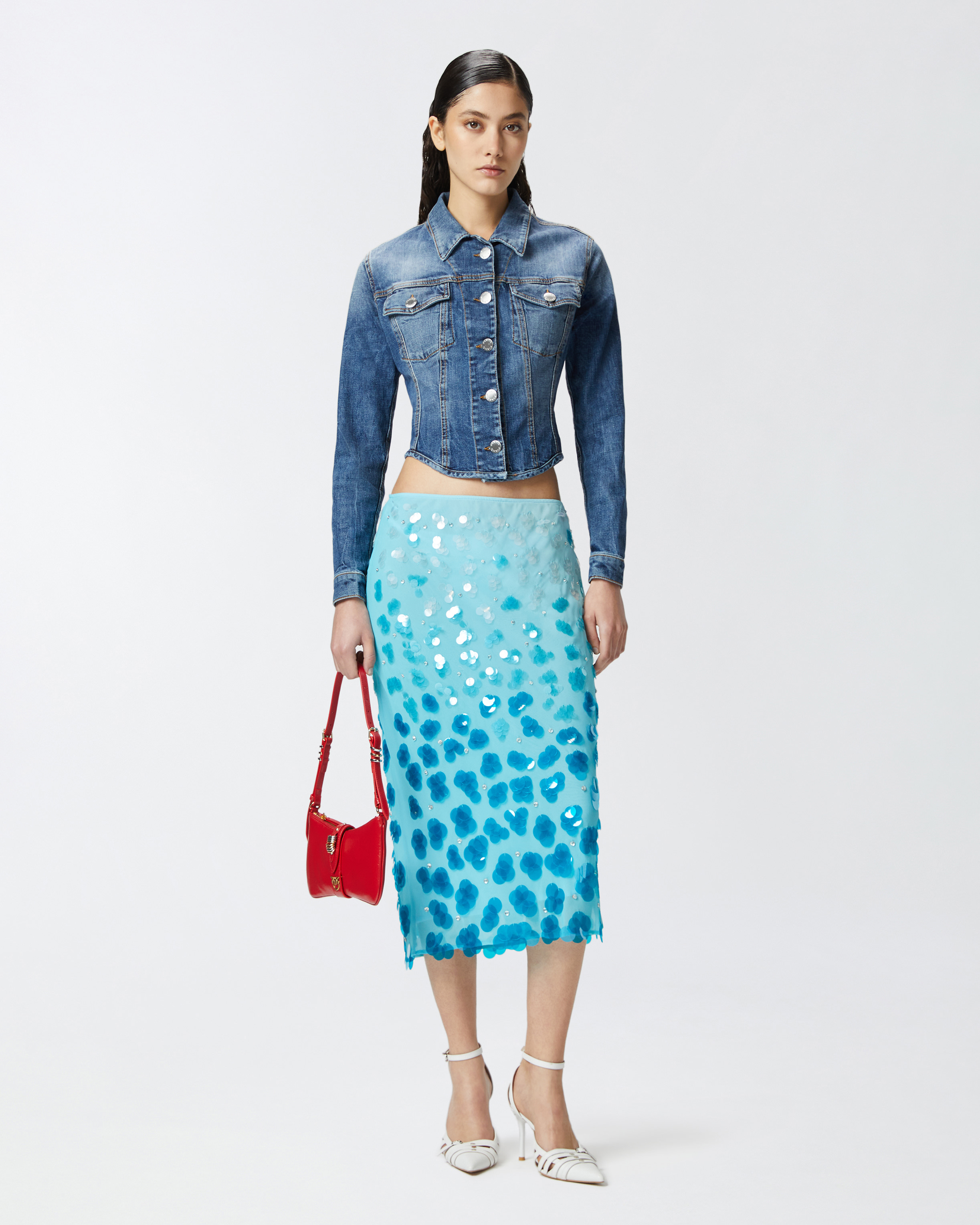 Pinko Gradient Georgette Calf-length Skirt With Sequins And Rhinestones In Multi. Blue/light Blue