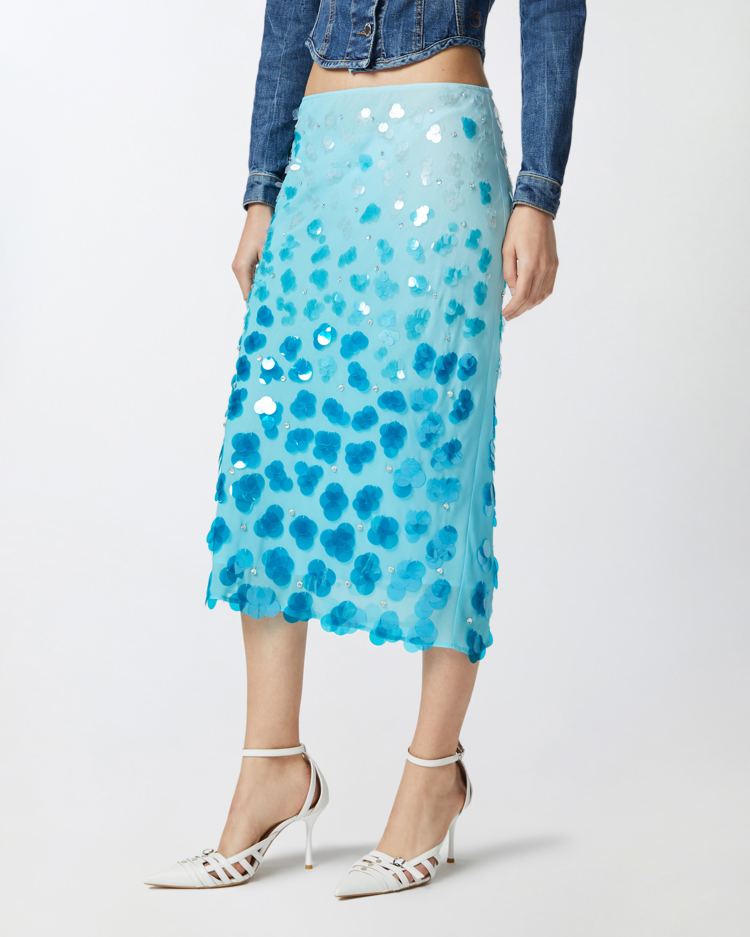 Pinko Gradient Georgette Calf-length Skirt With Sequins And Rhinestones In Multi. Blue/light Blue