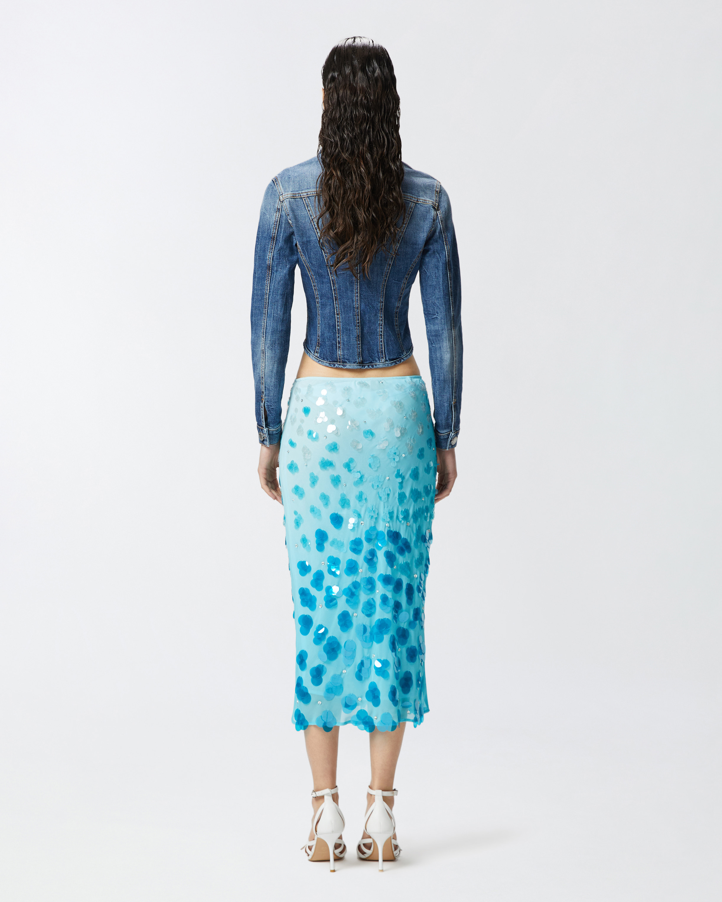 Pinko Gradient Georgette Calf-length Skirt With Sequins And Rhinestones In Multi. Blue/light Blue
