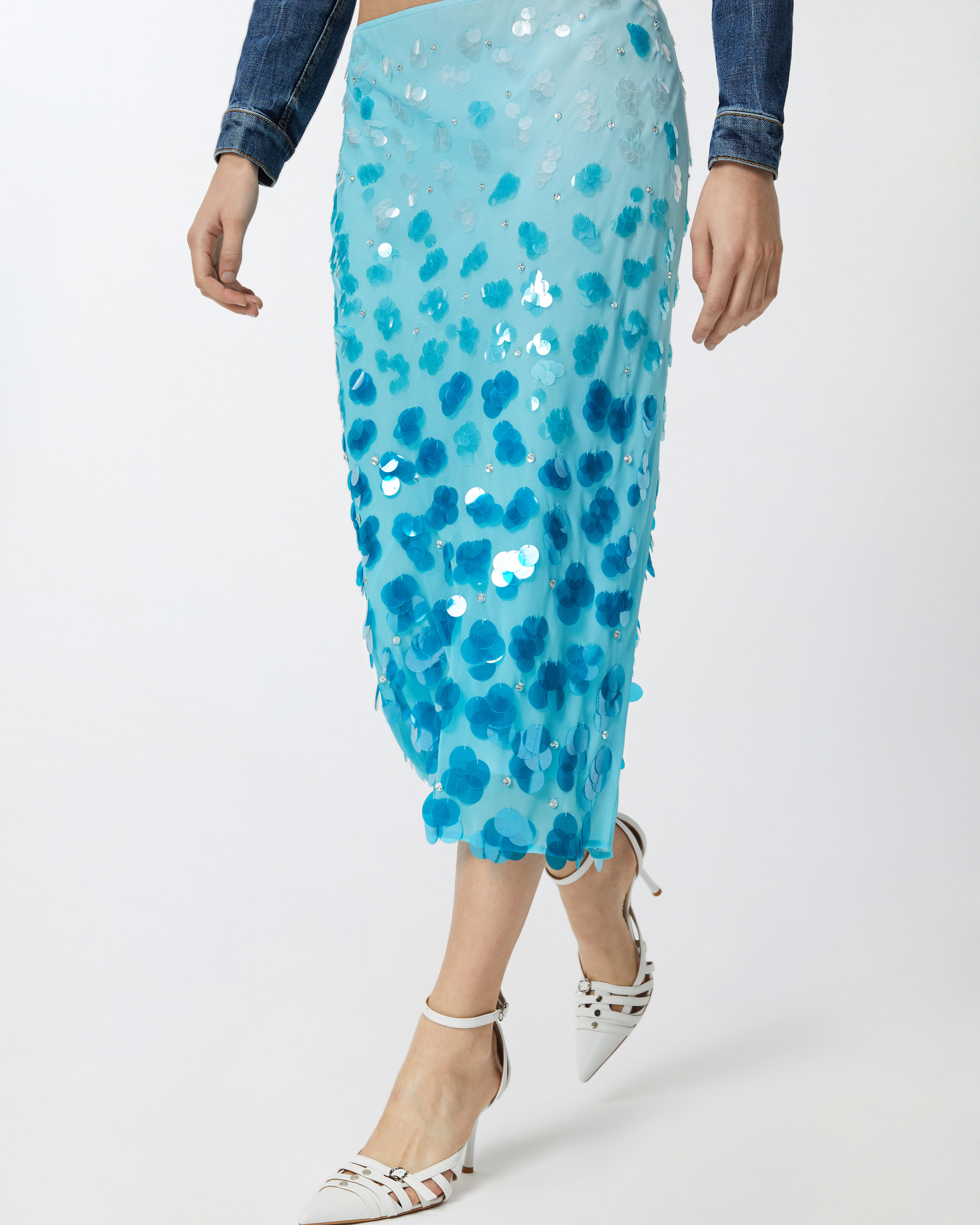 Pinko Gradient Georgette Calf-length Skirt With Sequins And Rhinestones In Multi. Blue/light Blue
