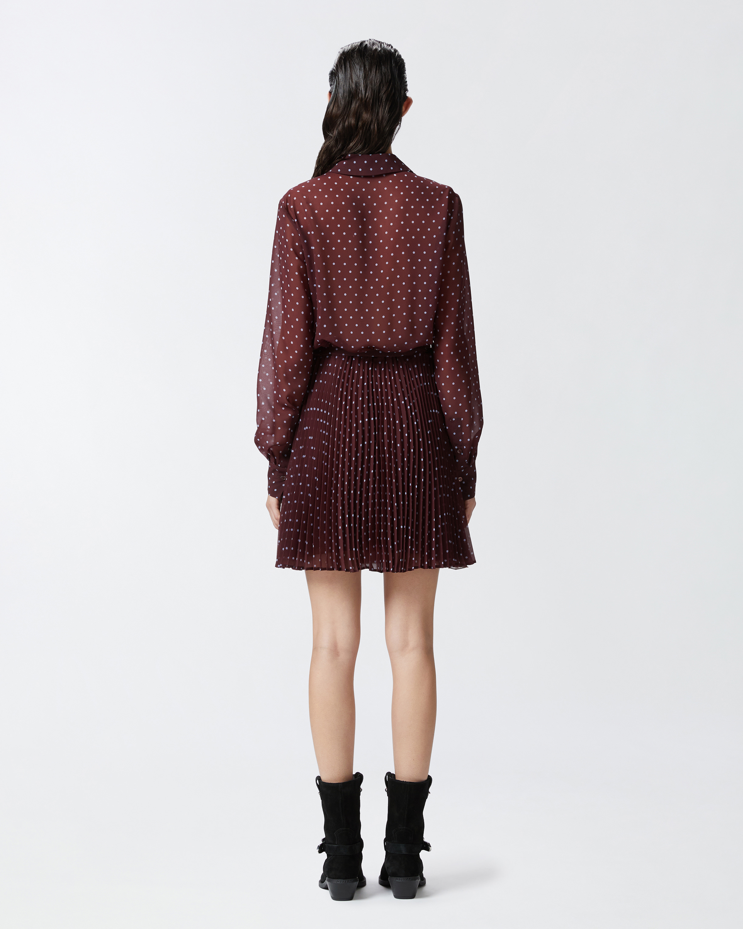 Shop Pinko Short Polka Dot Chiffon Shirt Dress In Bordeaux/bleu Ciel