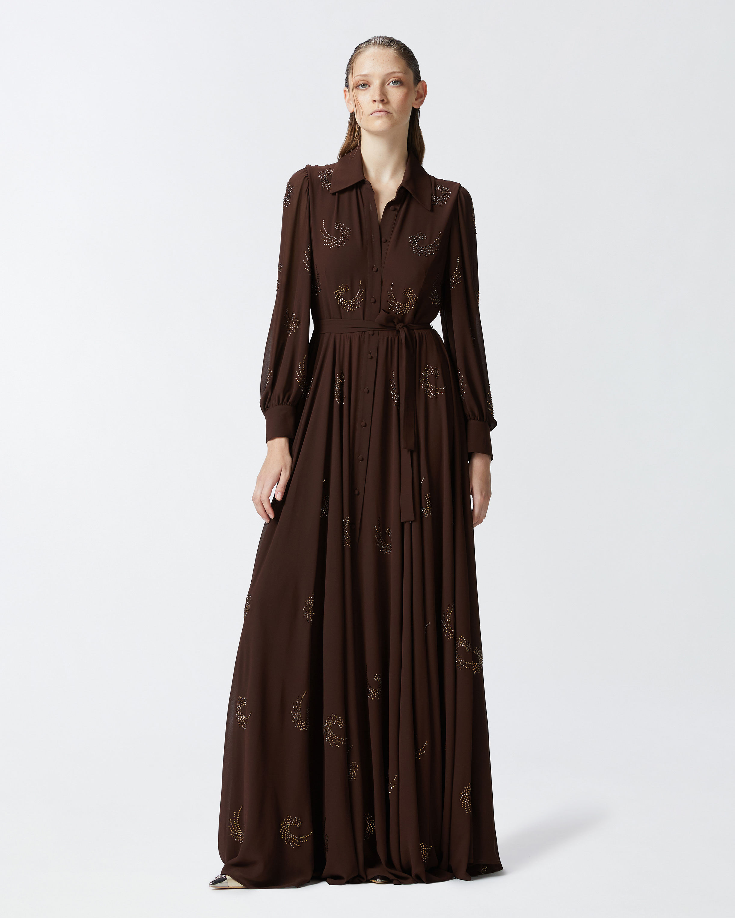Pinko Lightweight Long Dress With Rhinestone Swirls In Coffee Bean Brown