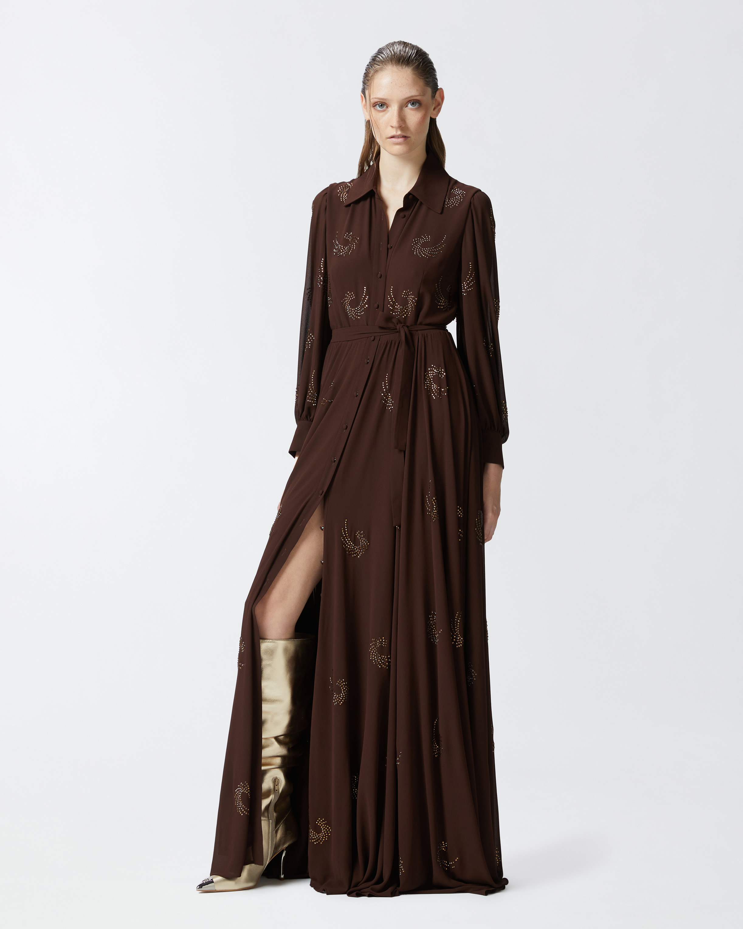 Pinko Lightweight Long Dress With Rhinestone Swirls In Coffee Bean Brown