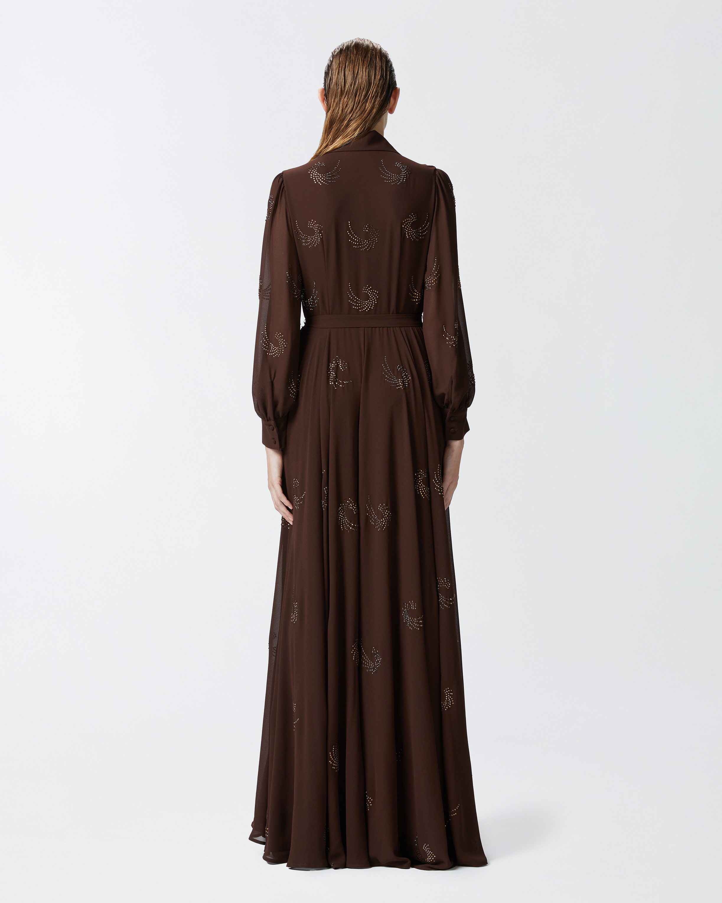 Pinko Lightweight Long Dress With Rhinestone Swirls In Coffee Bean Brown