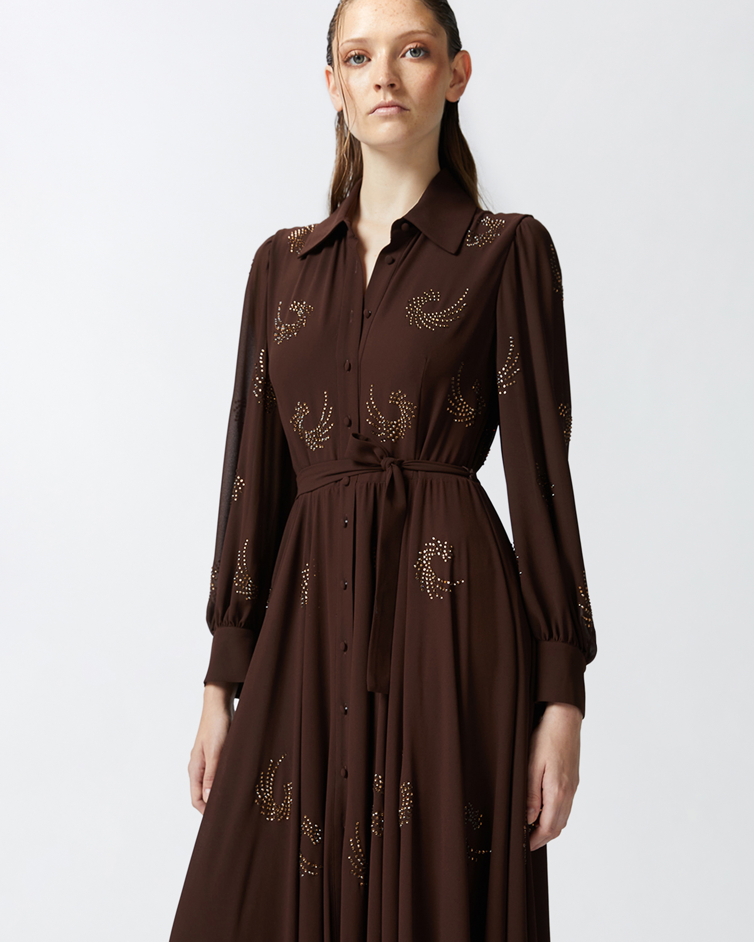 Pinko Lightweight Long Dress With Rhinestone Swirls In Coffee Bean Brown