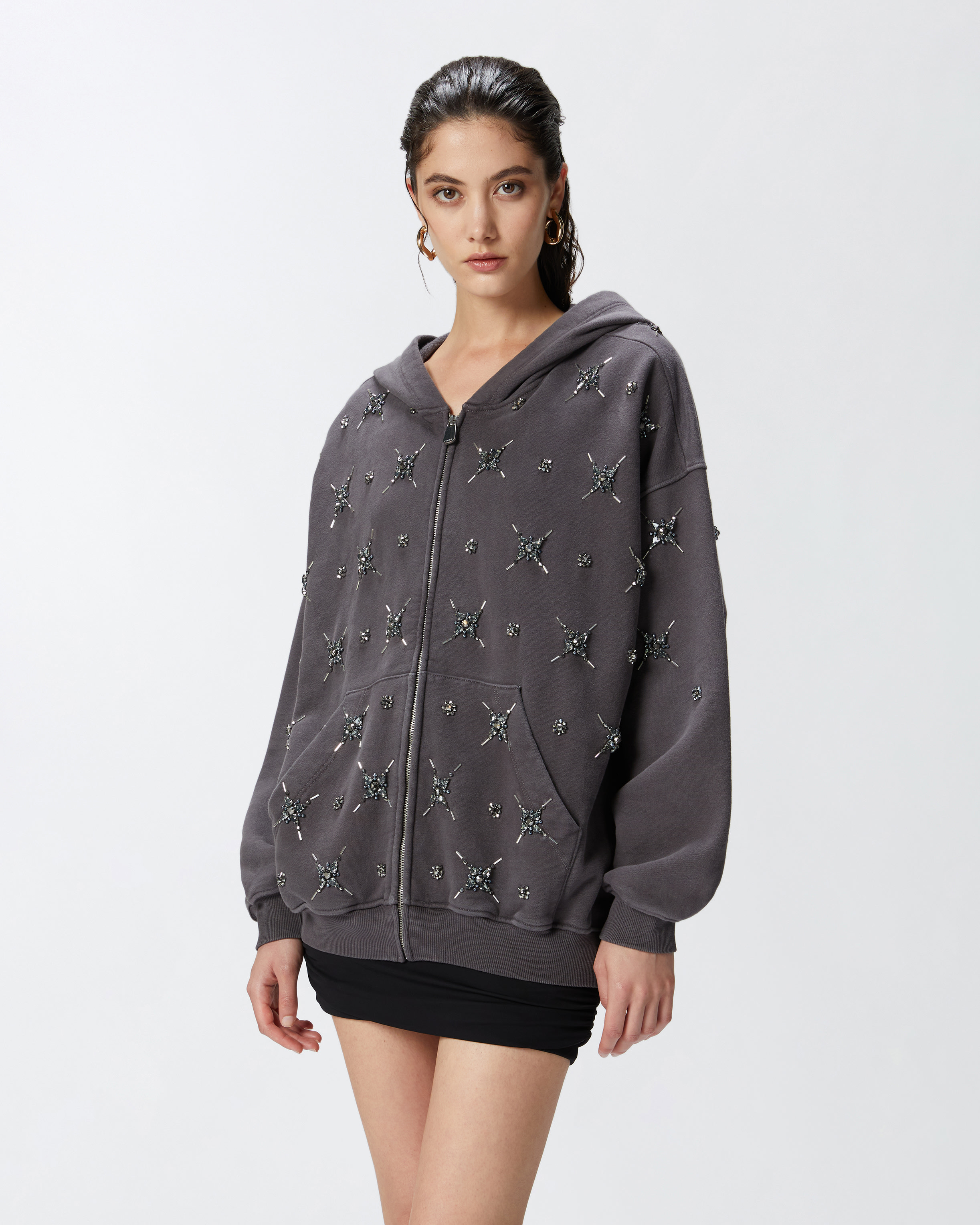 Pinko Sweat-shirt À Capuche Avec Broderie Bijou In Gris