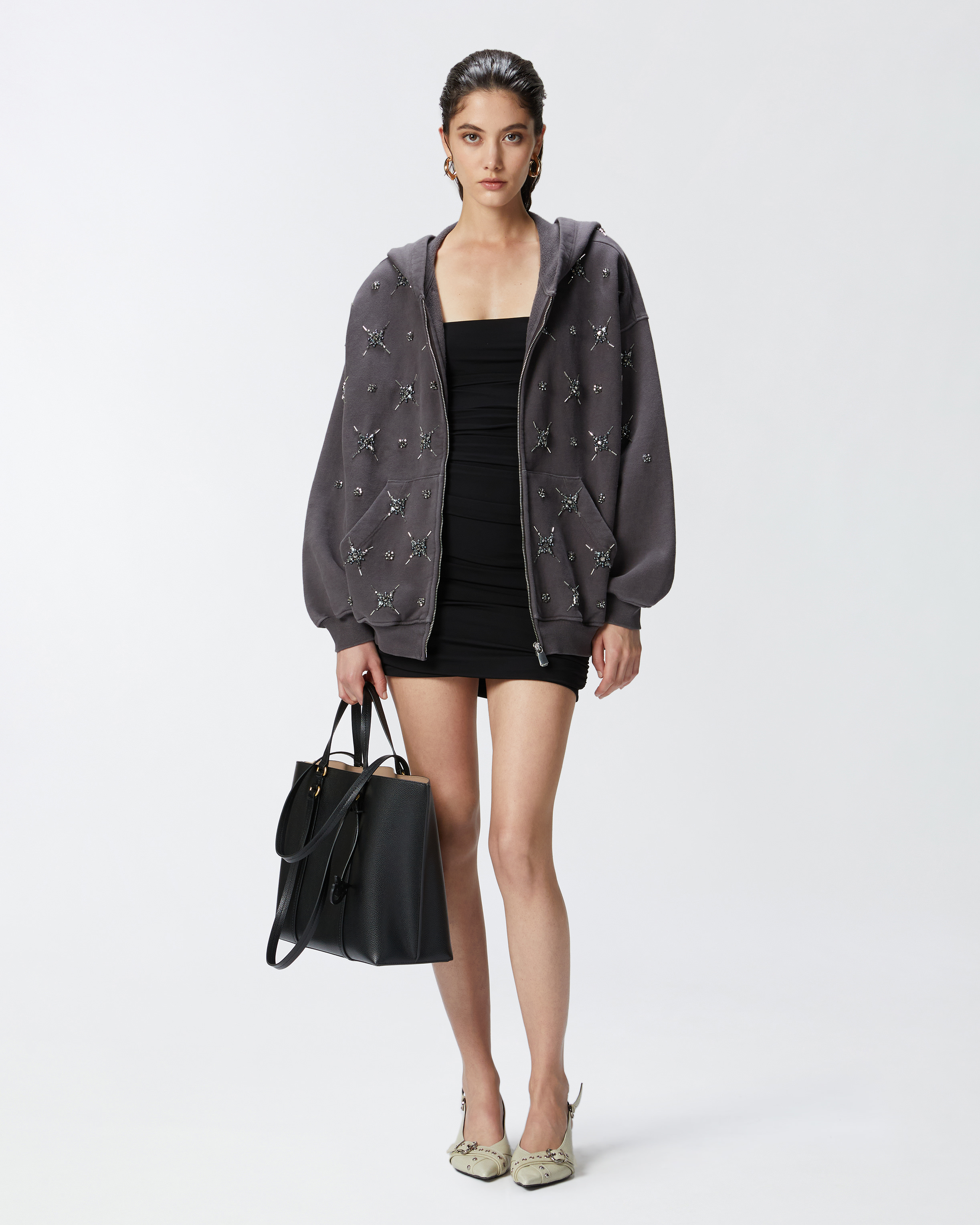 Pinko Sweat-shirt À Capuche Avec Broderie Bijou In Gris
