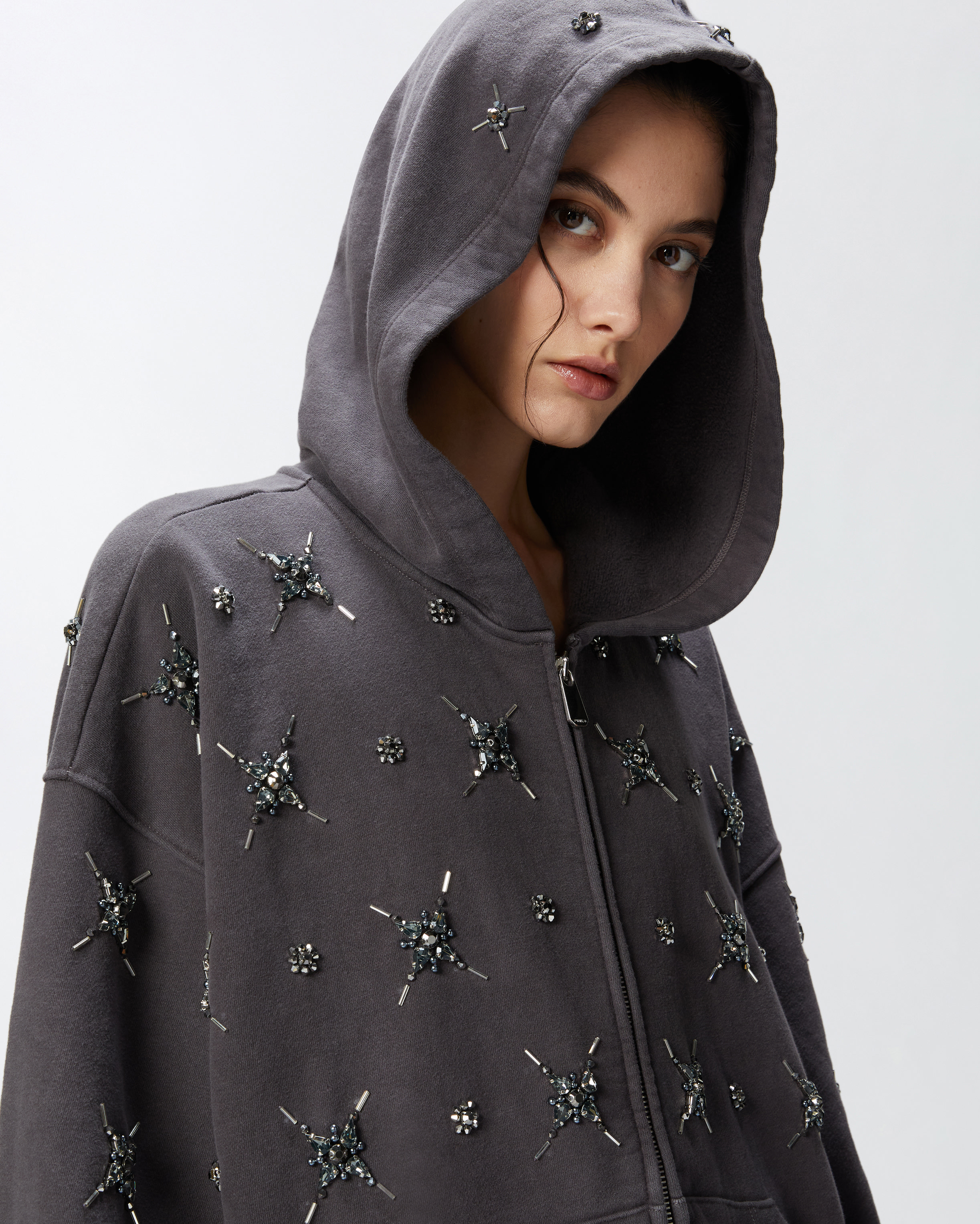 Pinko Sweat-shirt À Capuche Avec Broderie Bijou In Gris