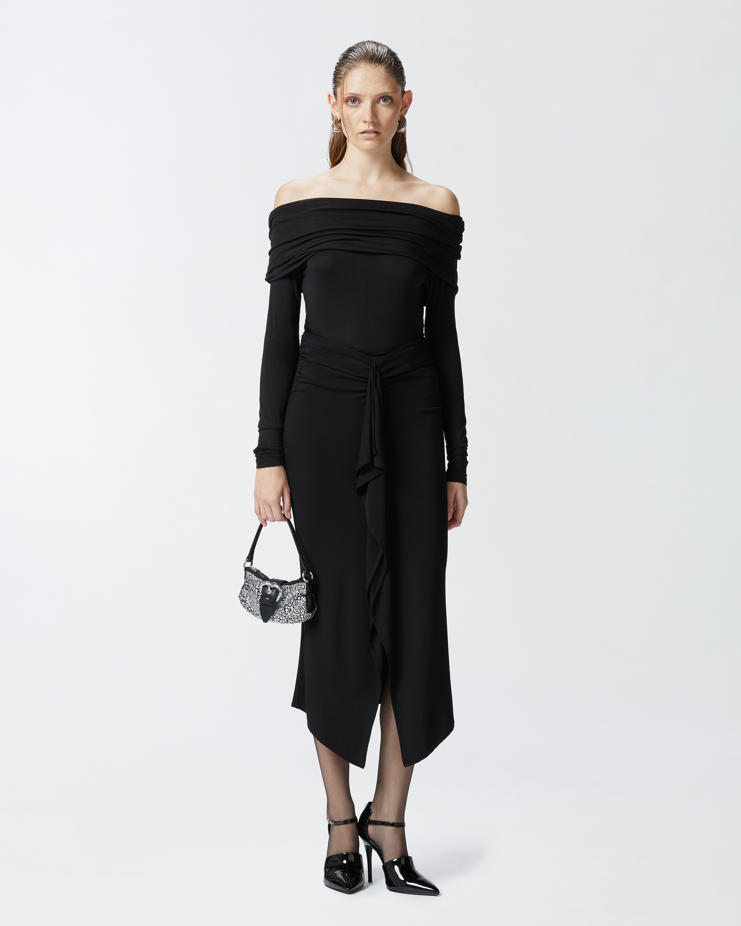 Pinko Long-sleeved Shirt With Off-the-shoulder In Limo Black