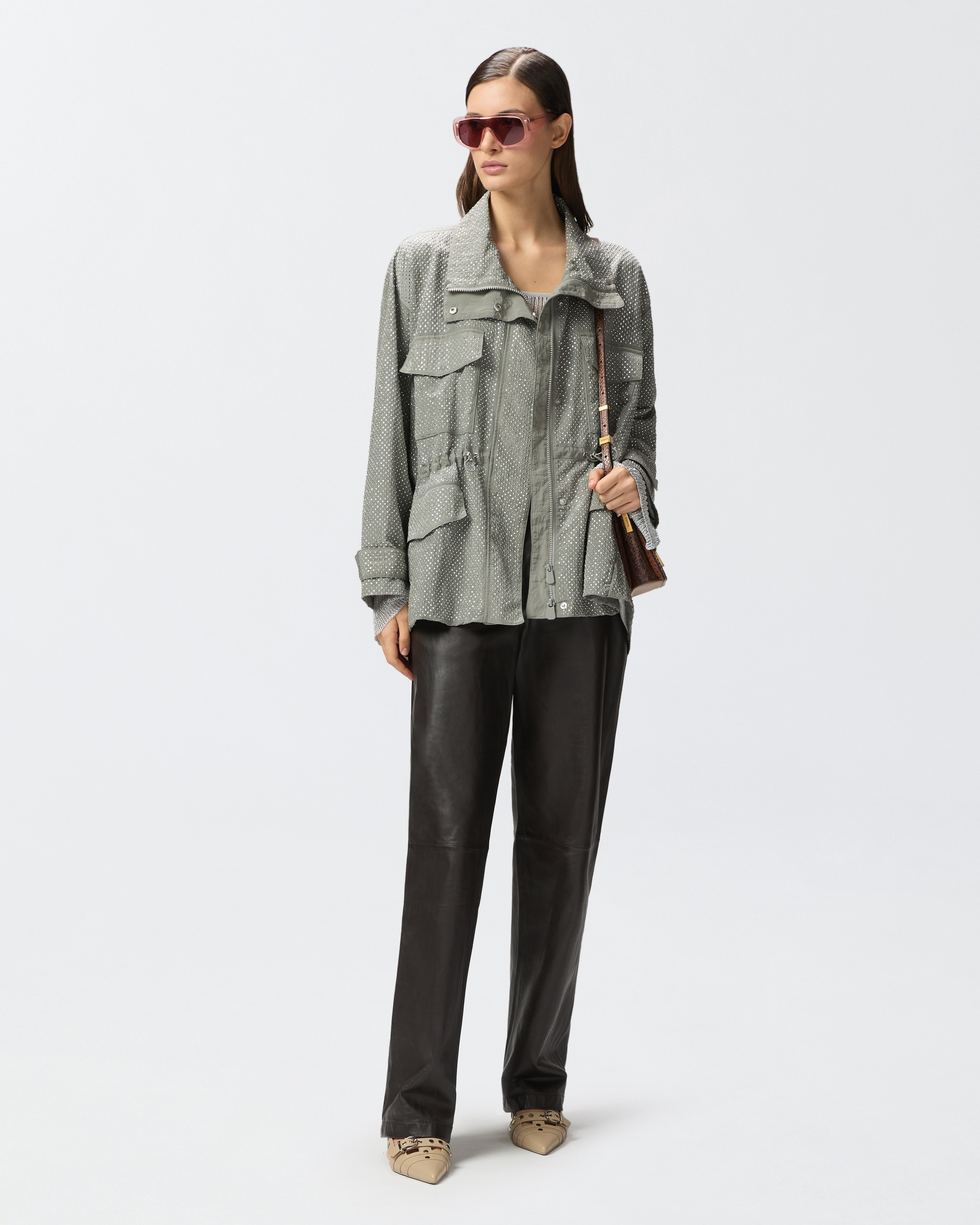 Pinko Technical Parka With Rhinestone-effect Mini Studs In Wild Dove Grey.