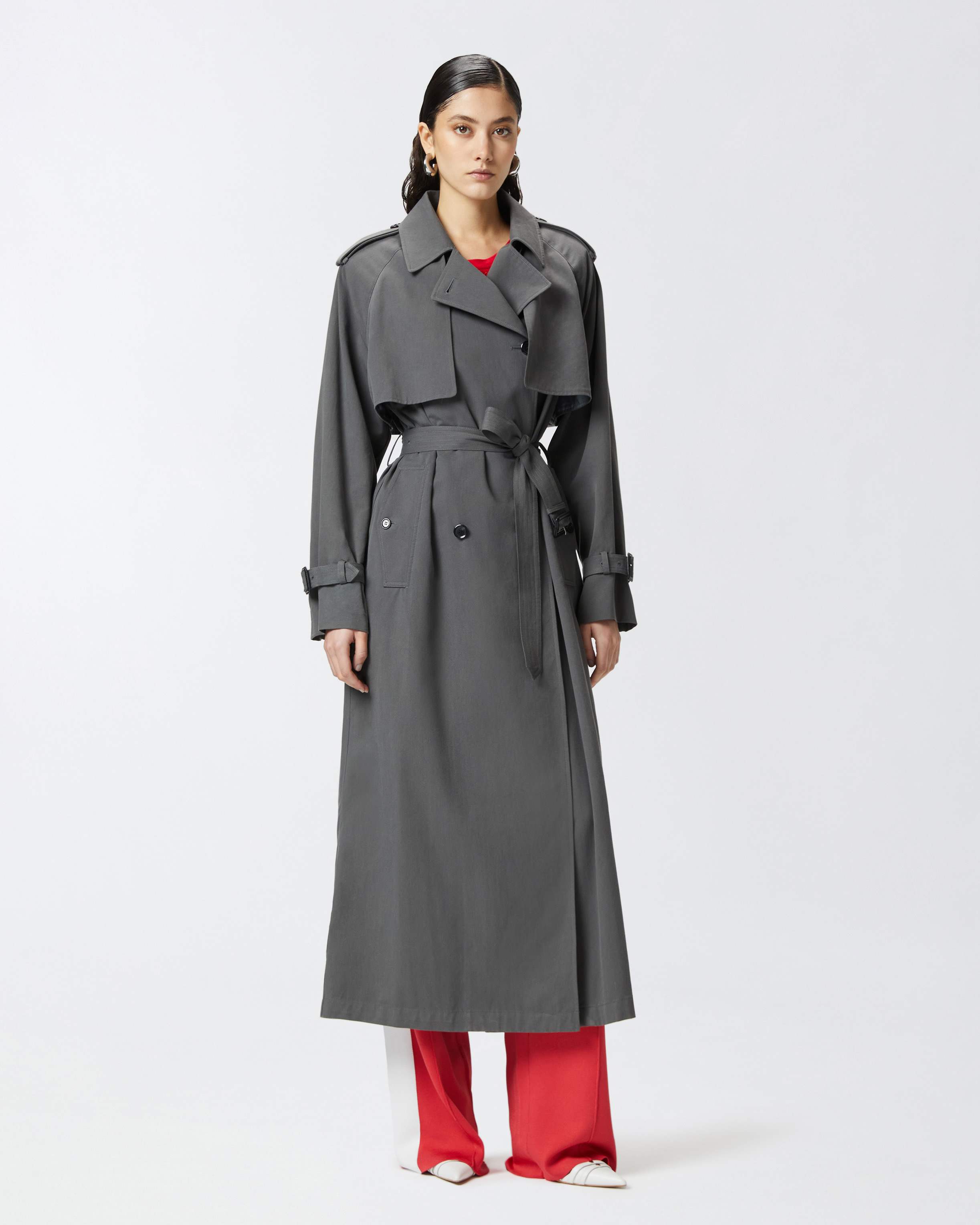 Pinko Classic Faded Cotton Trench Coat In Gris Ombre